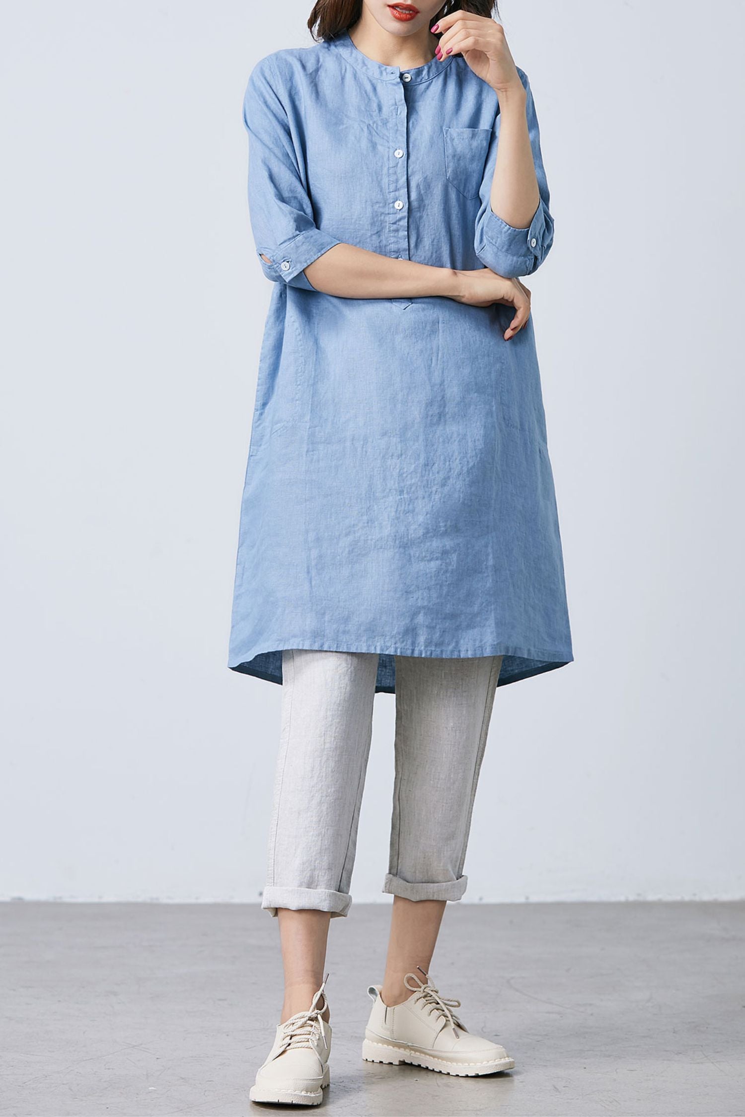 loose fit tunic dress Women's Printed Design Evergreen Outfits, Dark green / L weather days Blue Linen Tunic Dress with