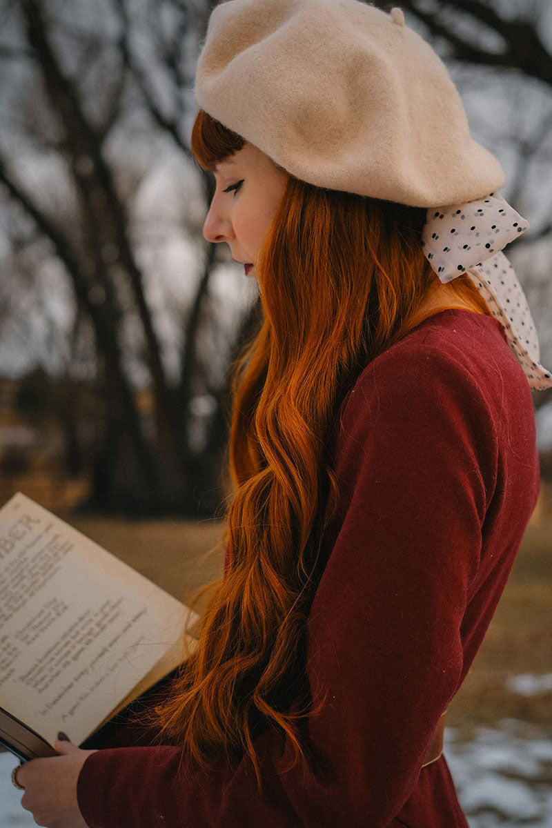 Burgundy midi swing wool Dress women C3810