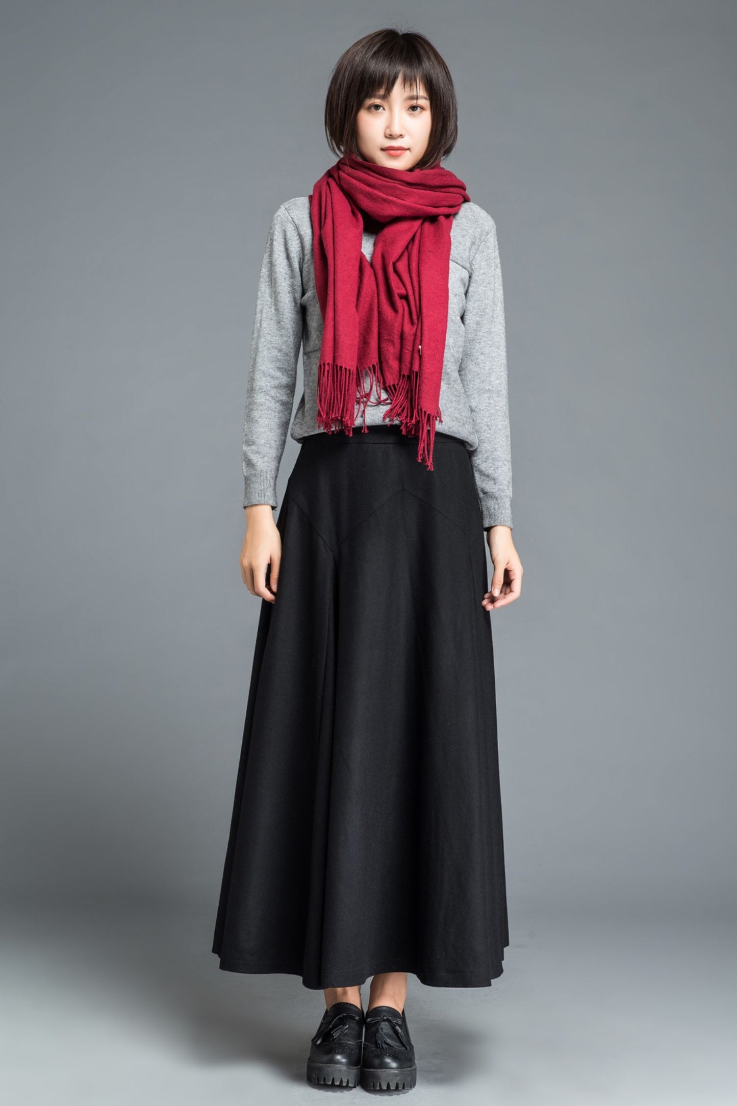 Maxi black winter long wool skirt women C1209