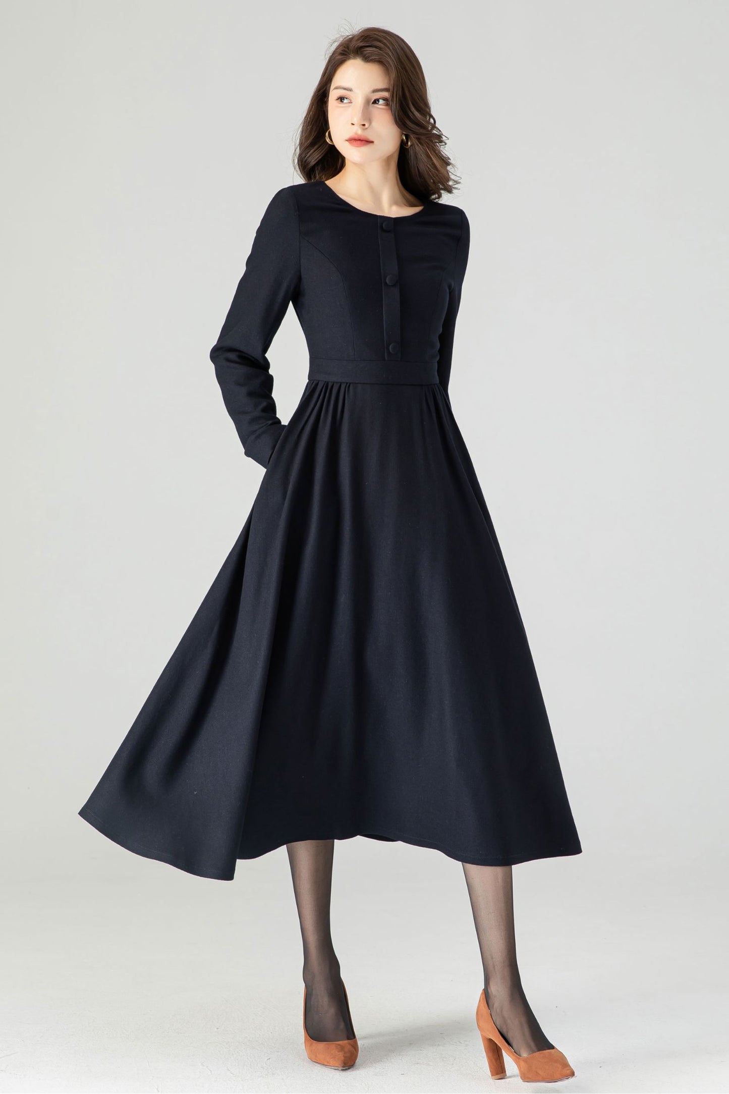 Navy Blue Midi Wool Dress C3616