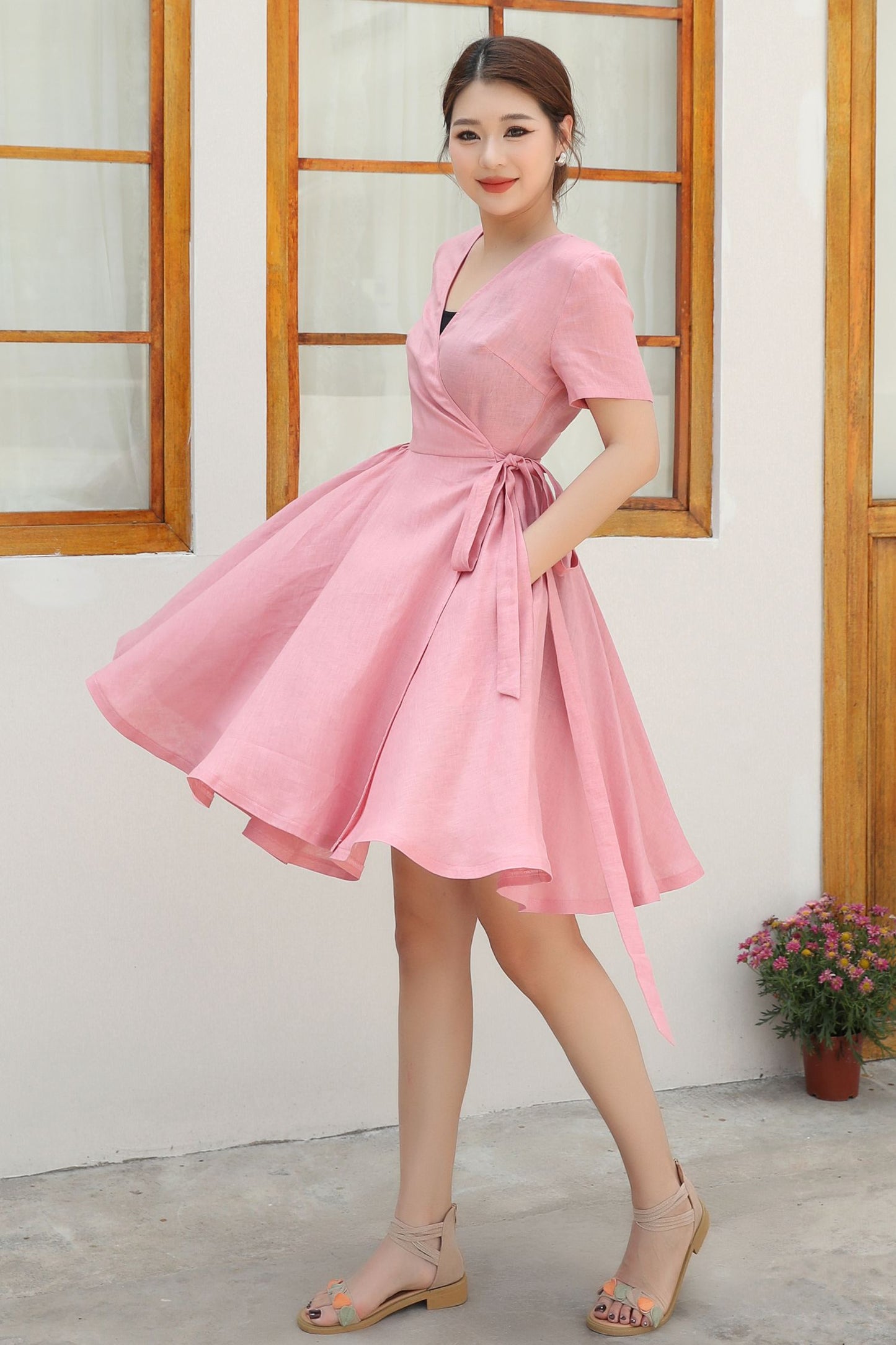 Pink Wrap summer Linen dress c4837