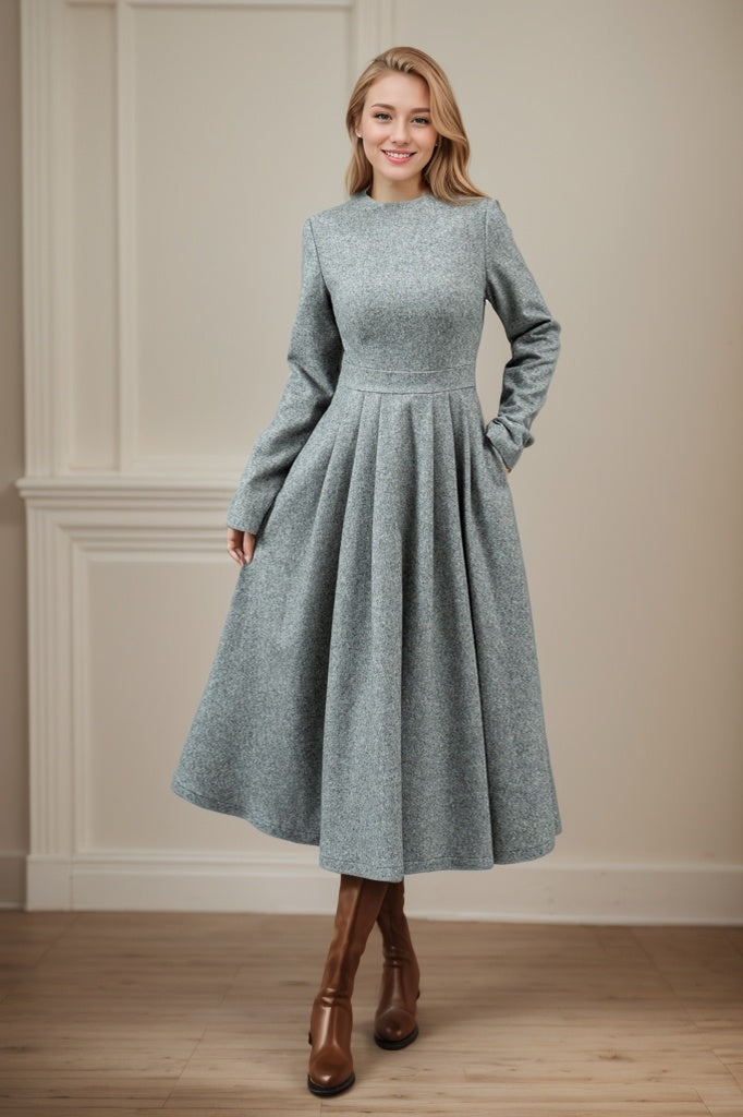 Women Swing Long Winter Wool Dress C4442