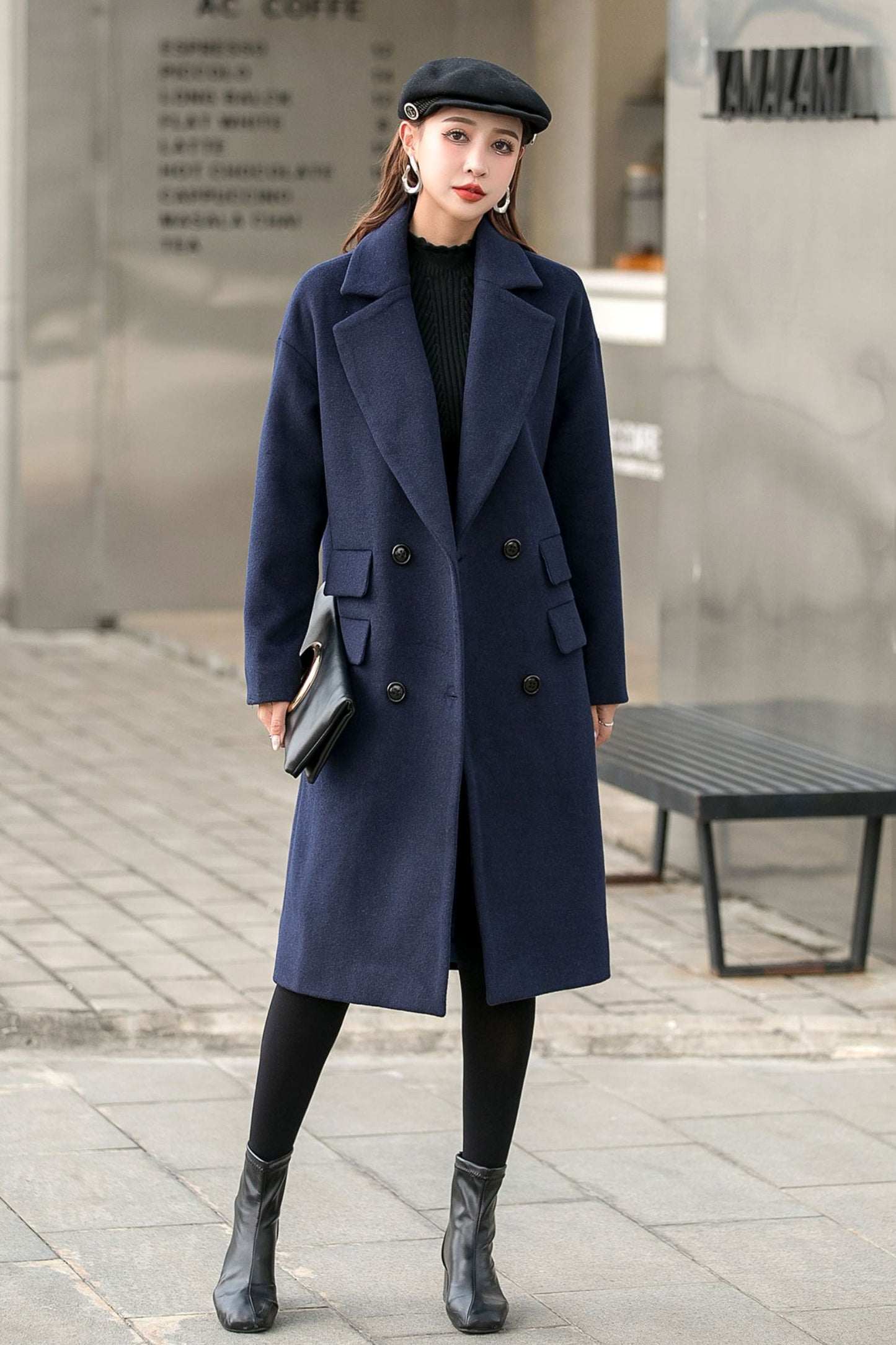 Navy Blue Long Winter Wool Coat C2544