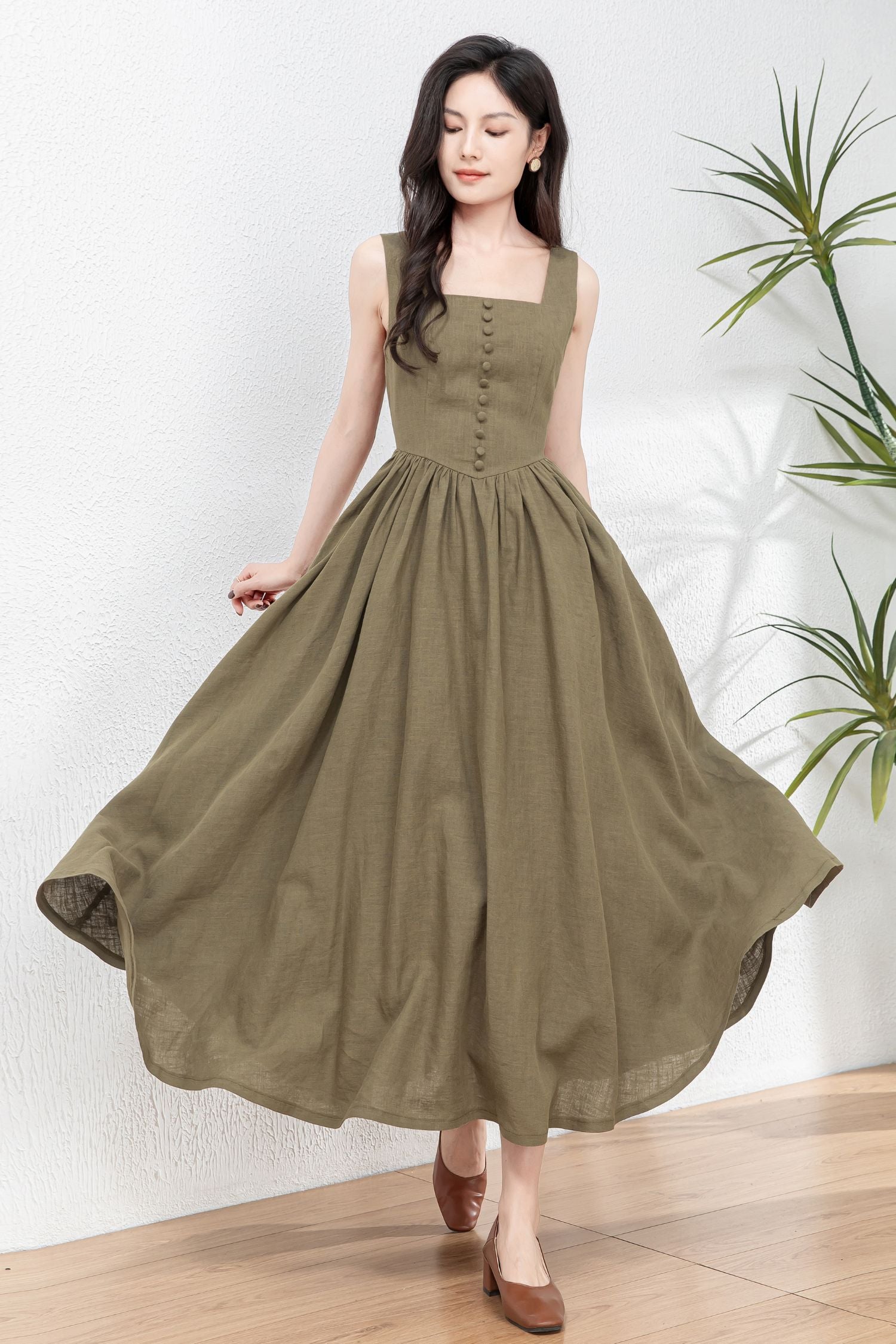 Army Green Linen Cotton Maxi Pinafore Dress - Square Neck, Button Front yy04651