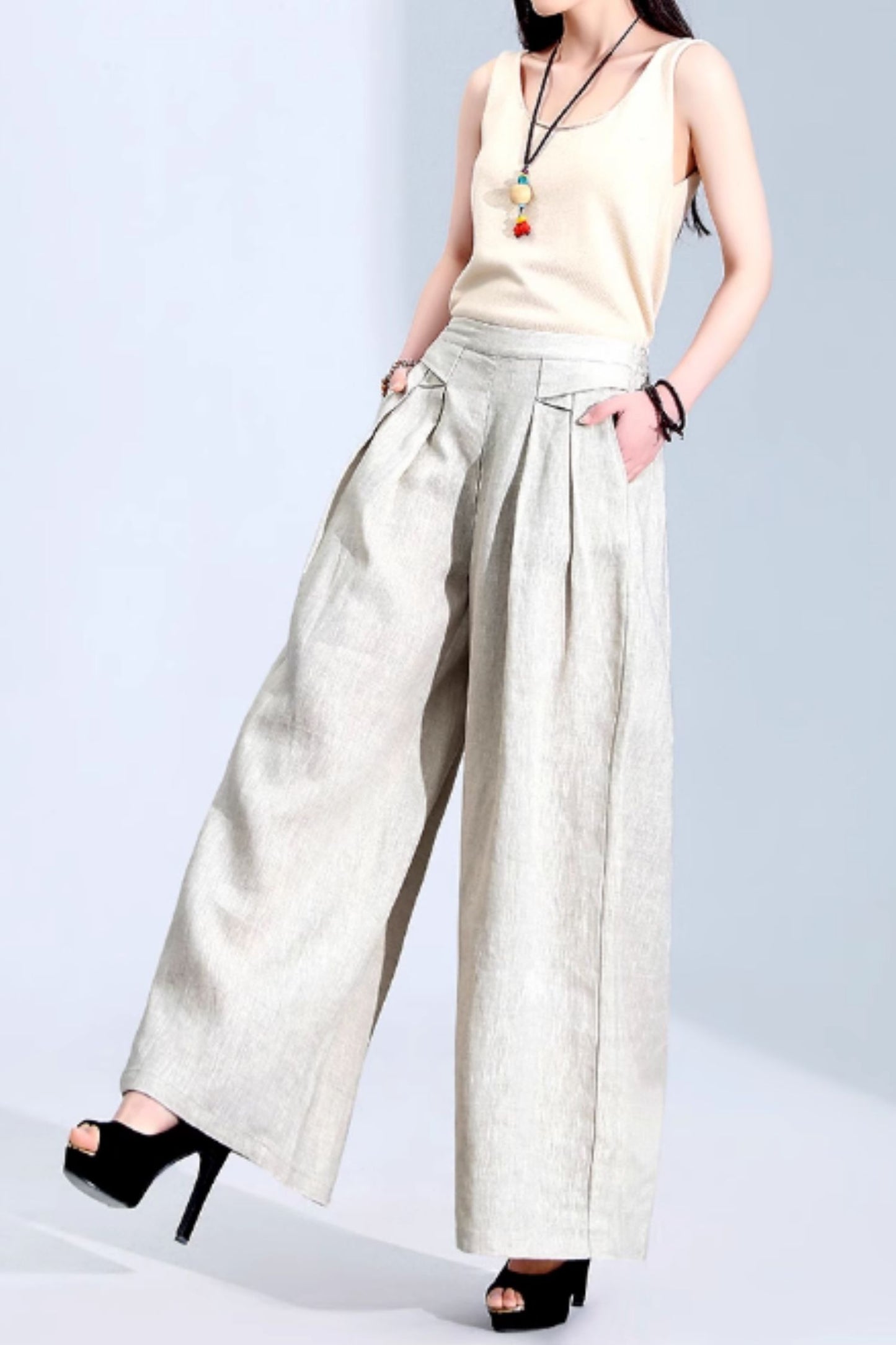Wide leg long summer linen pants c5069