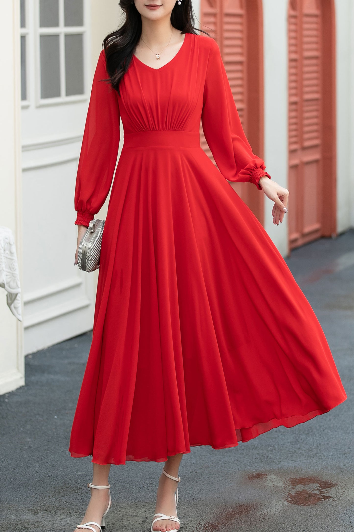 red fit and flare long chiffon dress C5039