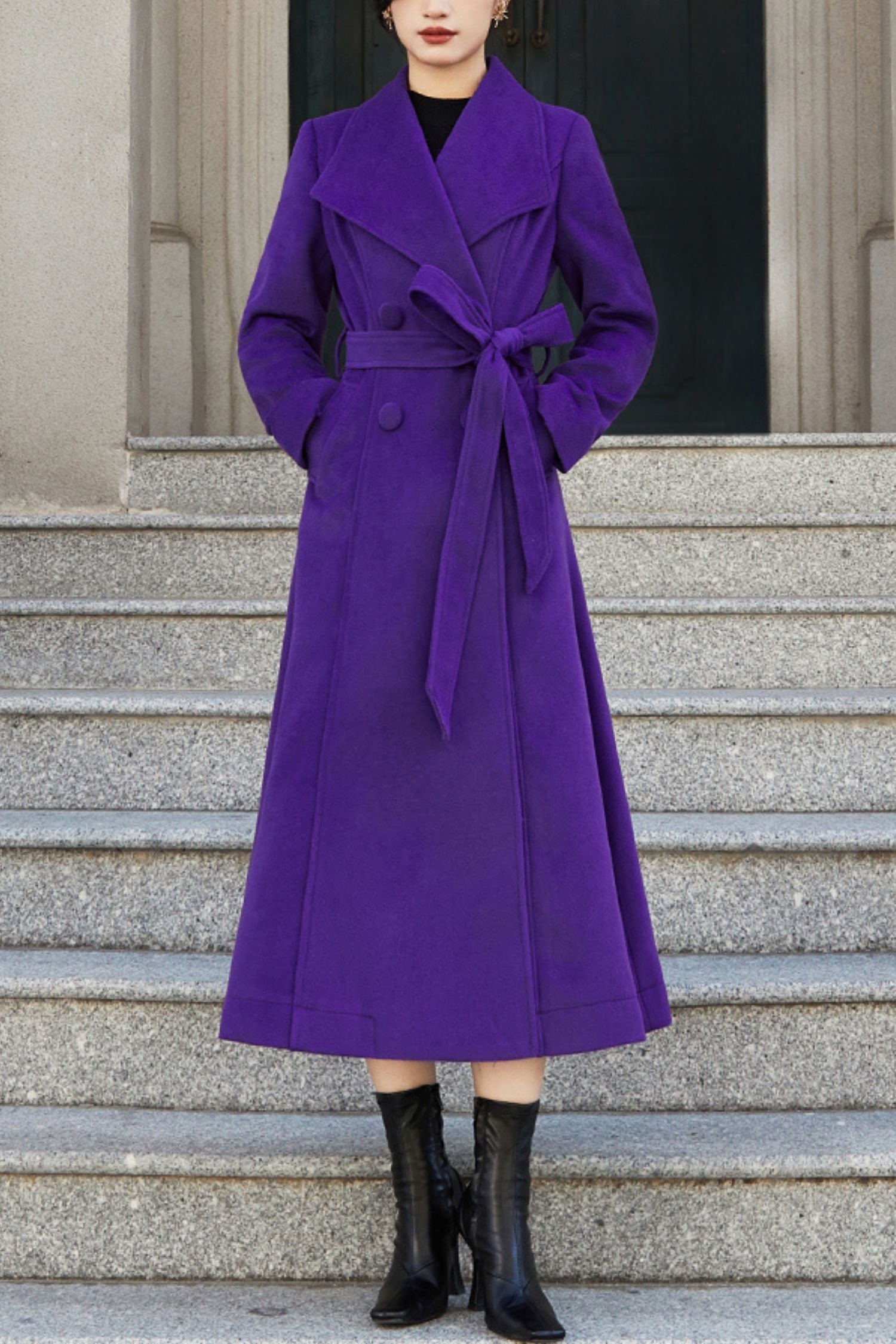 purple trench coat dress RARE Vintage Women's Coat- 70s 80s Purple Violet Leather Trench Dress Coat Jacket Studio 54 Fit Flare Spy Length 3/4 Princess Price:
