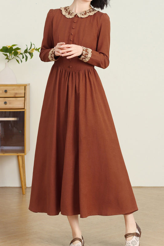 Rust Red Linen Maxi Dress - Lace Collar and Cuff Detail c4736