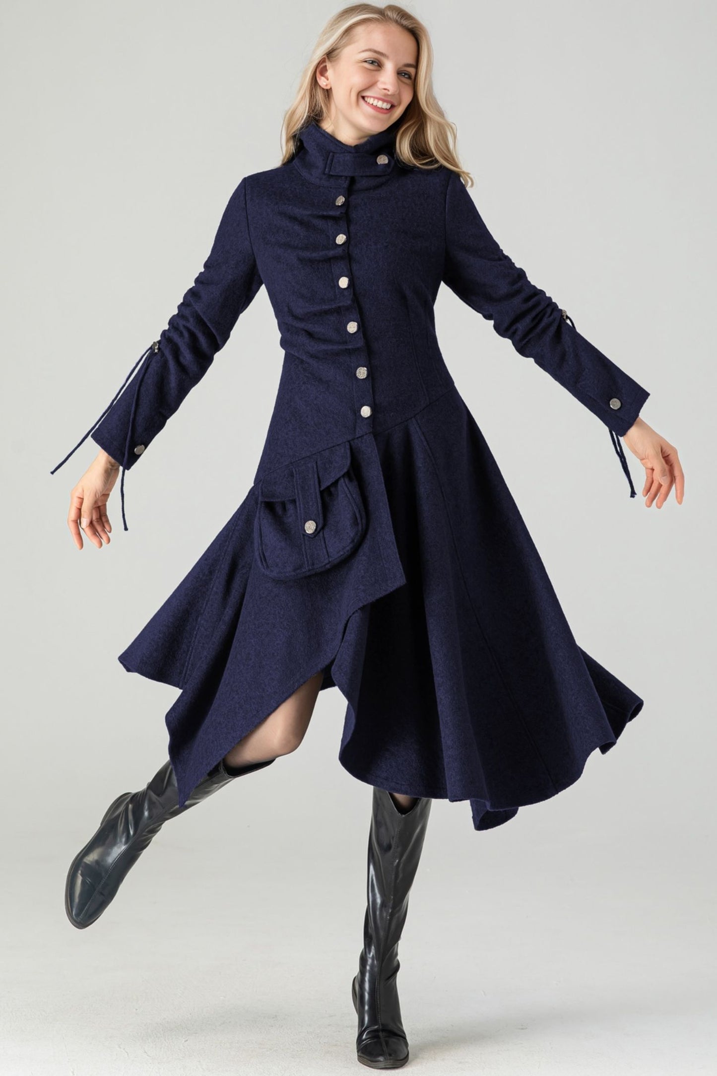 Asymmetrical Single Breasted Navy Blue Wool Coat C4518
