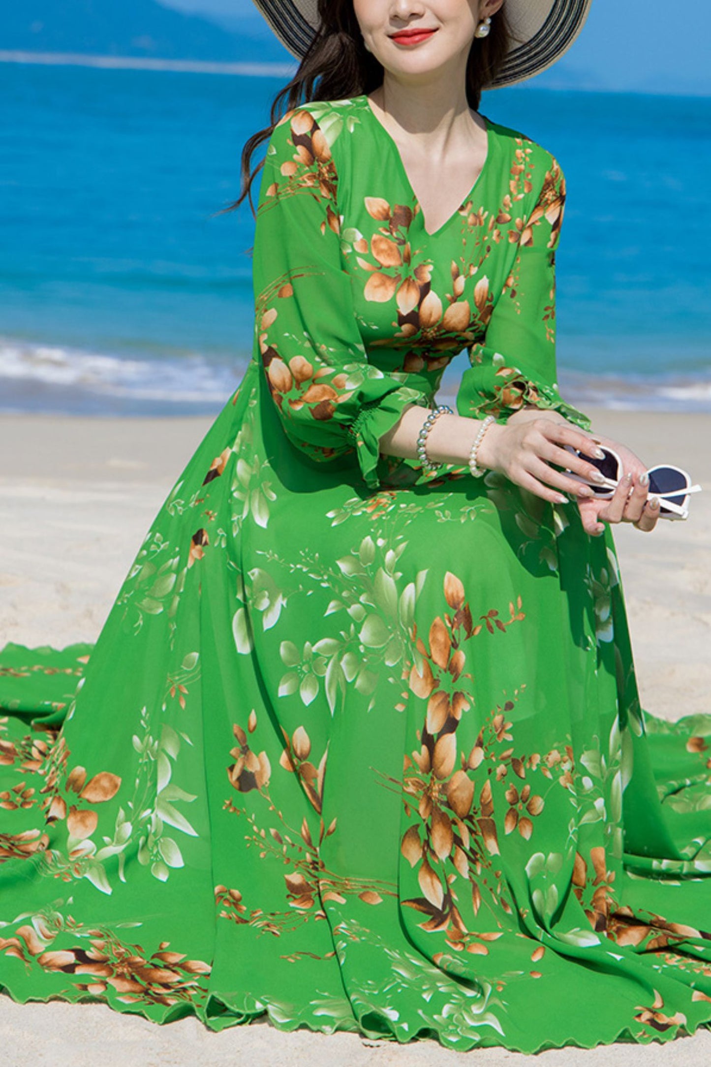 Summer Green Chiffon Long Sleeve Floral Dress C4107