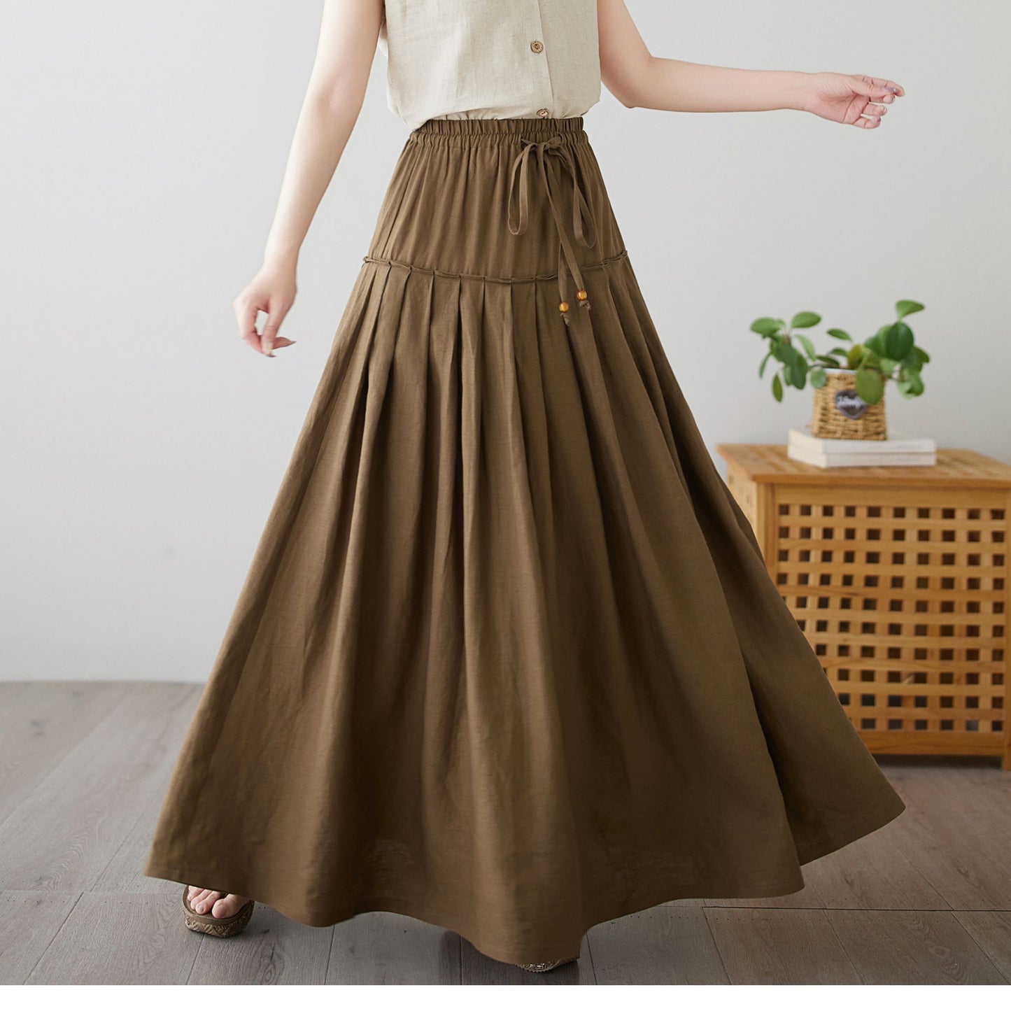 Brown Flowy Pleated A-line Skirt c4892