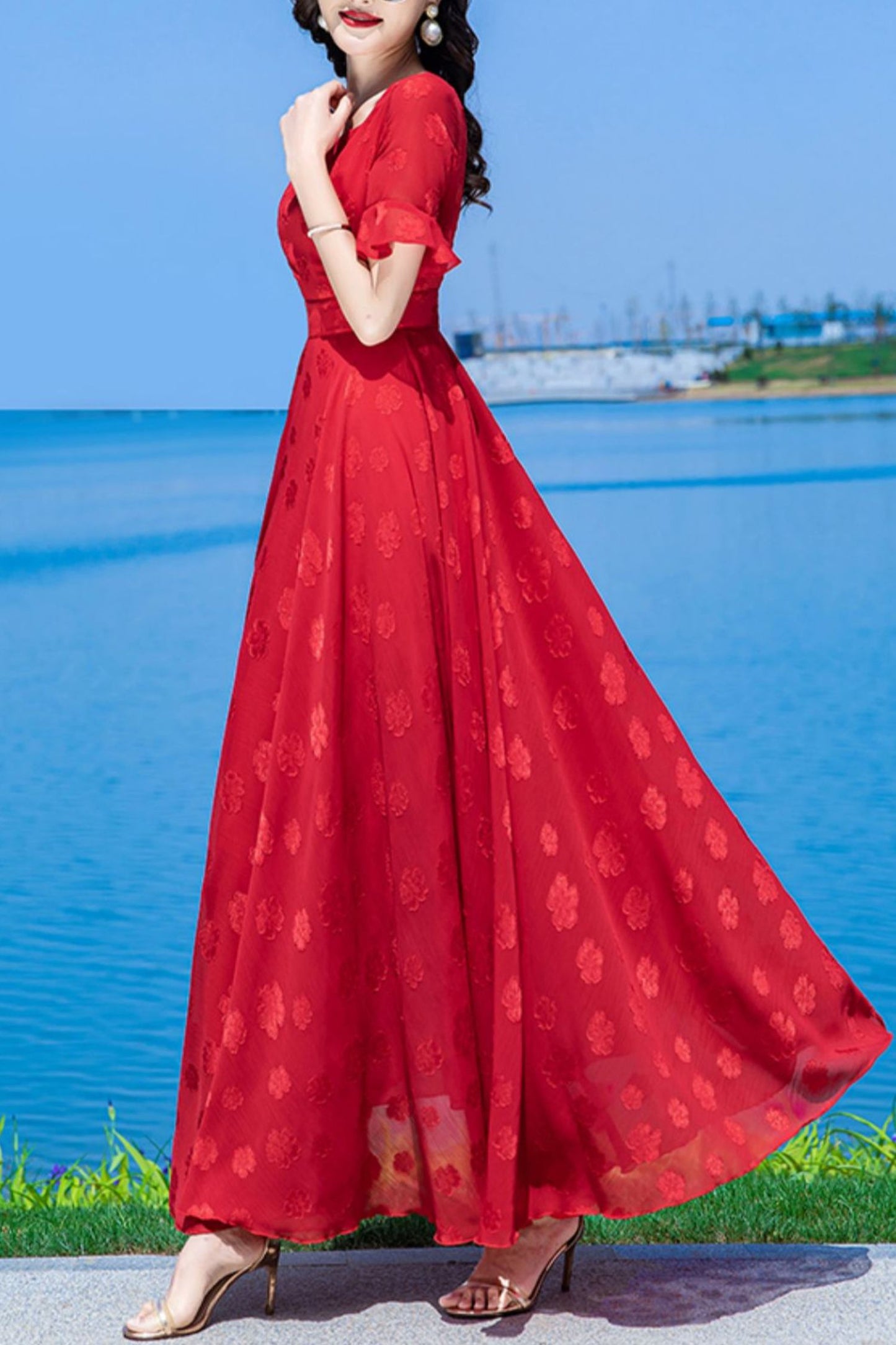 Red chiffon women dress C3998