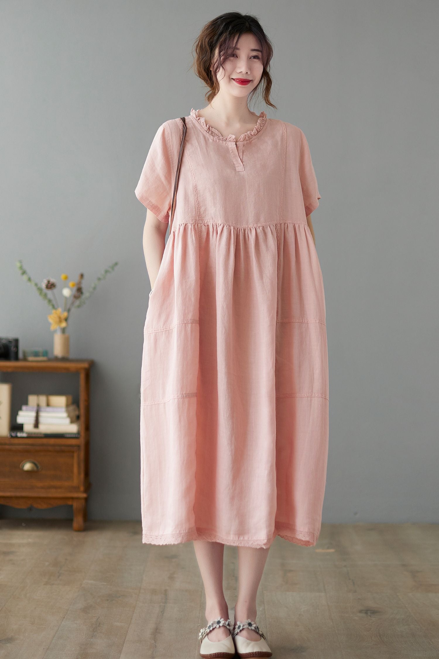 Midi Linen Casual Pink Swing Loose Fit Dress C2247 Pink / XS Midi Linen Casual Pink Swing Loose Fit Dress C2247 Pink / XS