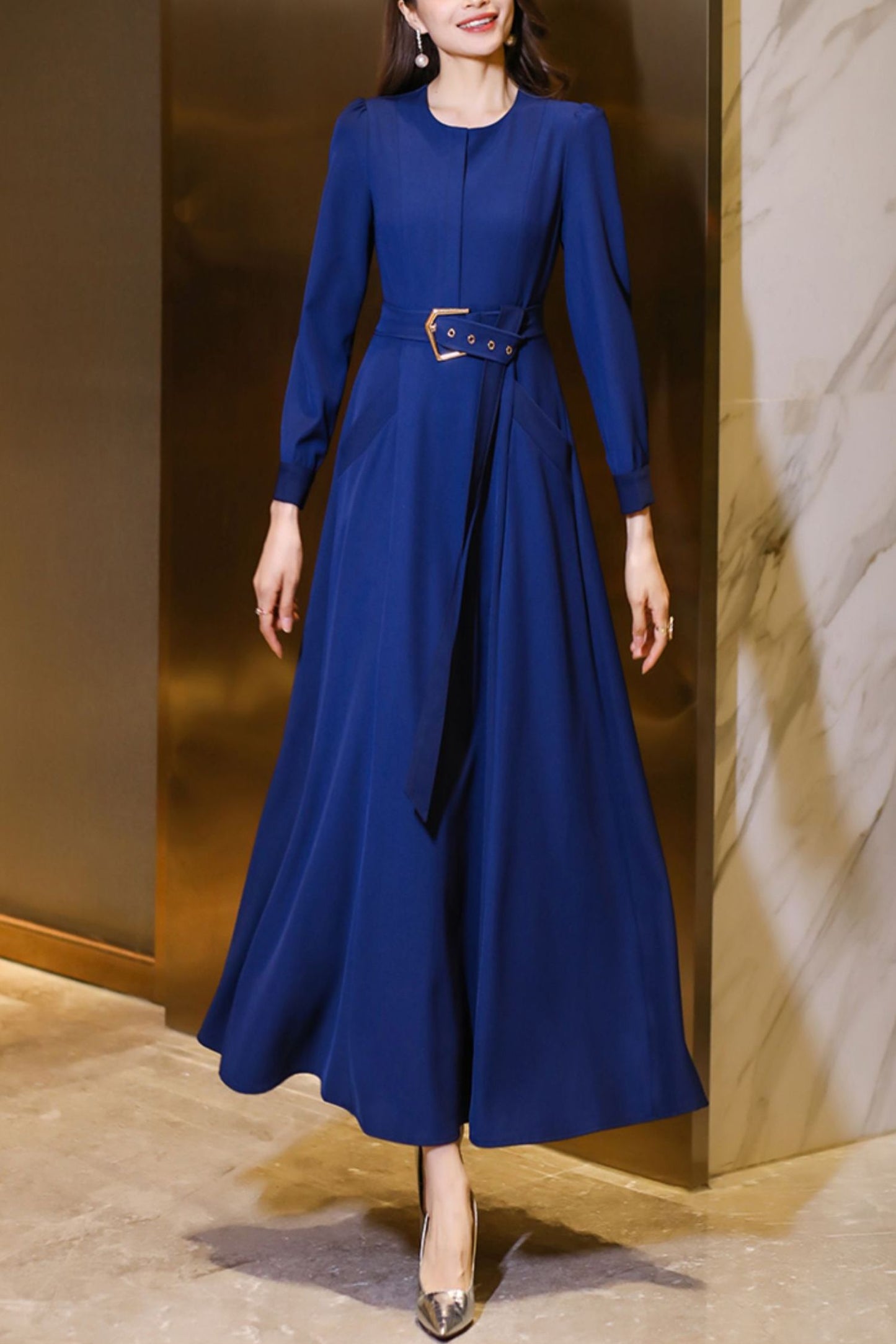 Navy blue long-sleeved spring and autumn dress C4192
