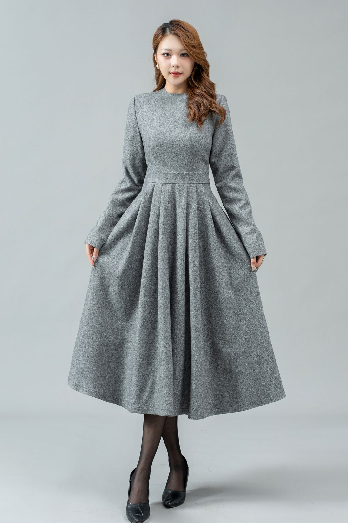 Women Swing Long Winter Wool Dress C4442