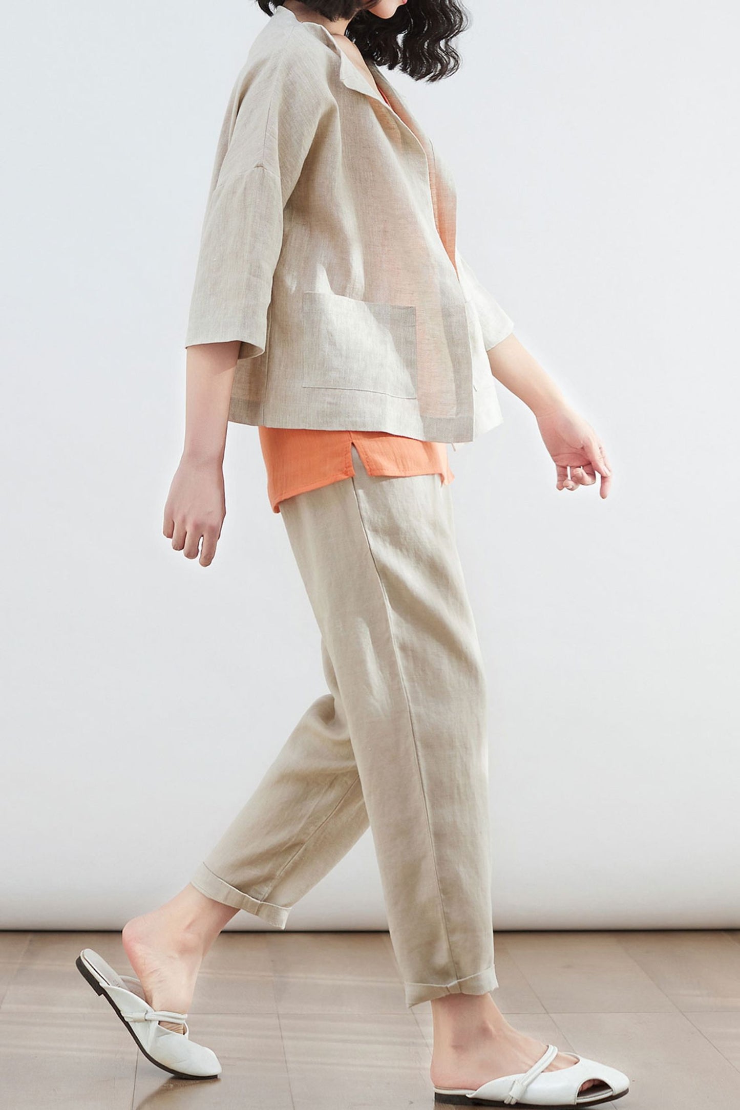 Beige Linen Womens Plus Size Pants with Pockets C2873
