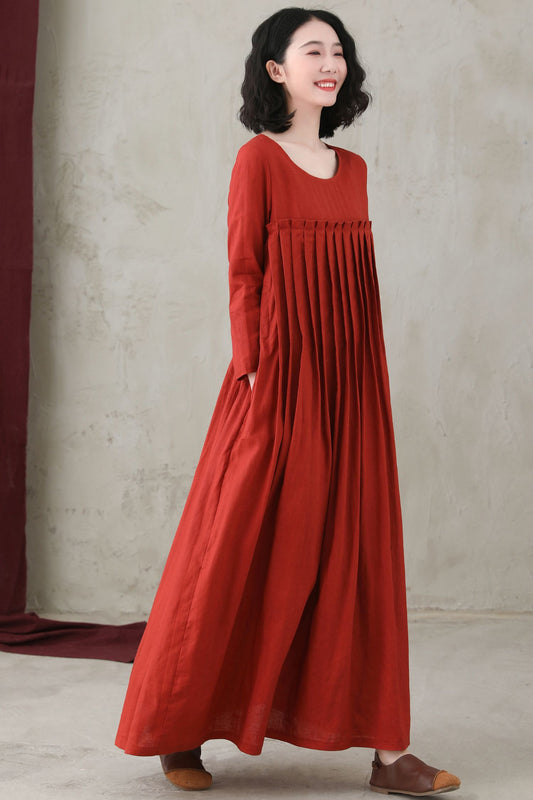 Brick Red Organic Linen Maxi Dress - Pleated Flowy Silhouette C2744