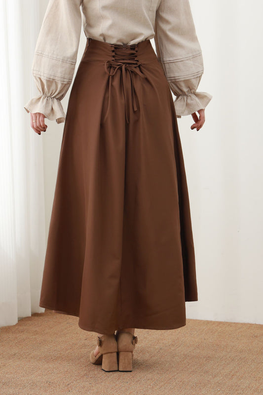 Caramel Linen Maxi Skirt: High Waist Pleated A-Line Long Skirt, Handmade, Ylistyle C5452