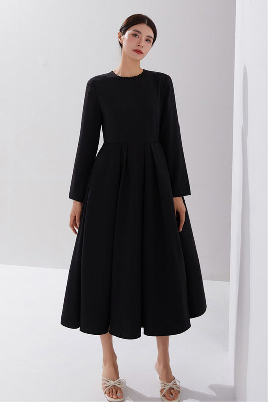 Black Polyester Midi Dress - Swing Silhouette with Long Sleeves C3898