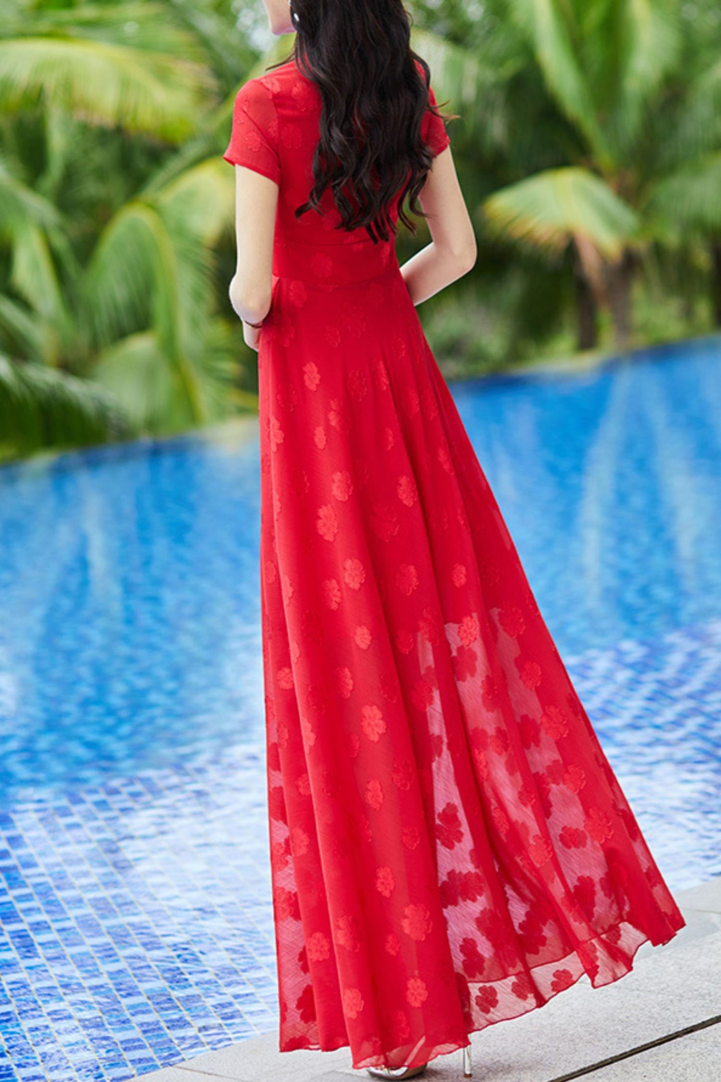 Red chiffon dress long C4065