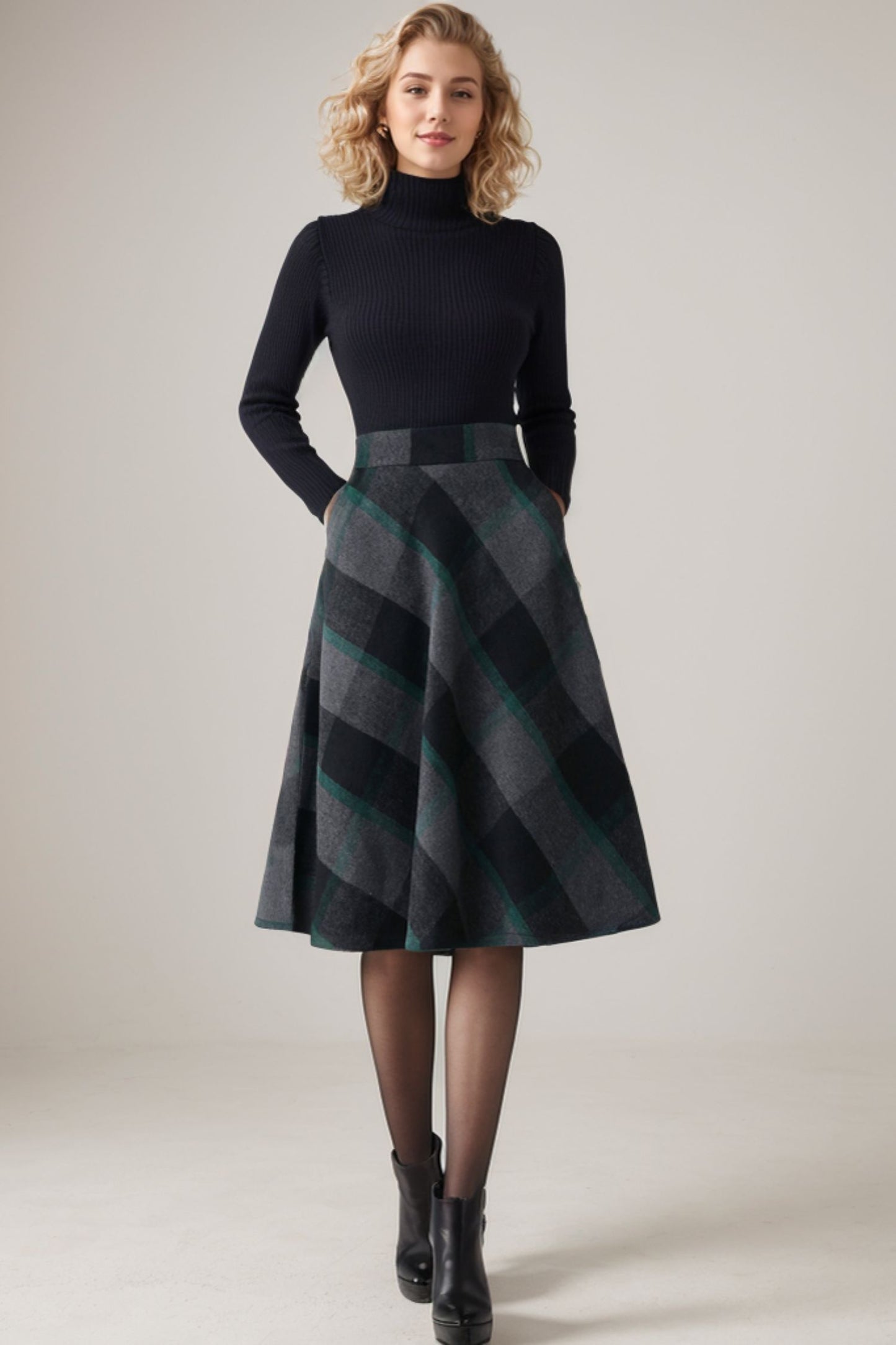 A Line Flared Midi Plaid Skirt Women C4353
