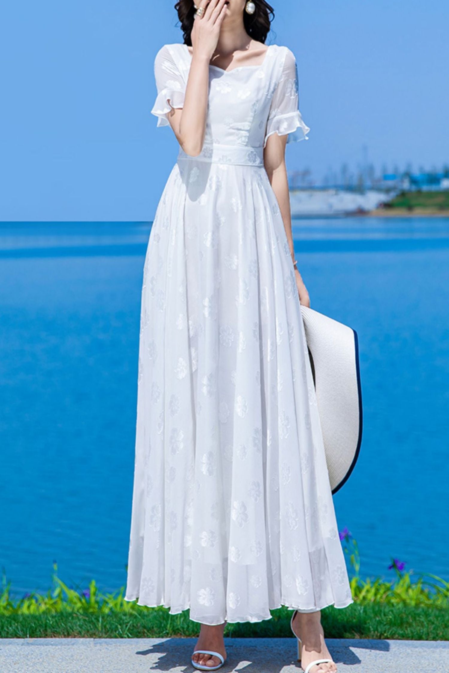 white chiffon swing dress Chiffon Maxi Swing Dress - V-Neck Ruffle Sleeve Prom | Xiaolizi TT0039