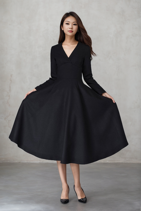 Black Wool Midi Dress - V Neck, Flared Silhouette c4452