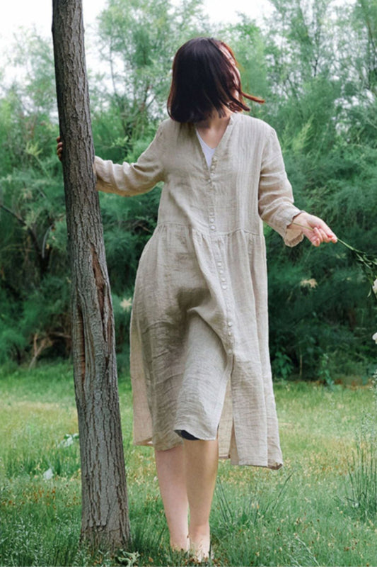 Light Green Linen Dress - V-Neck, High Waist, Loose Fit C3888