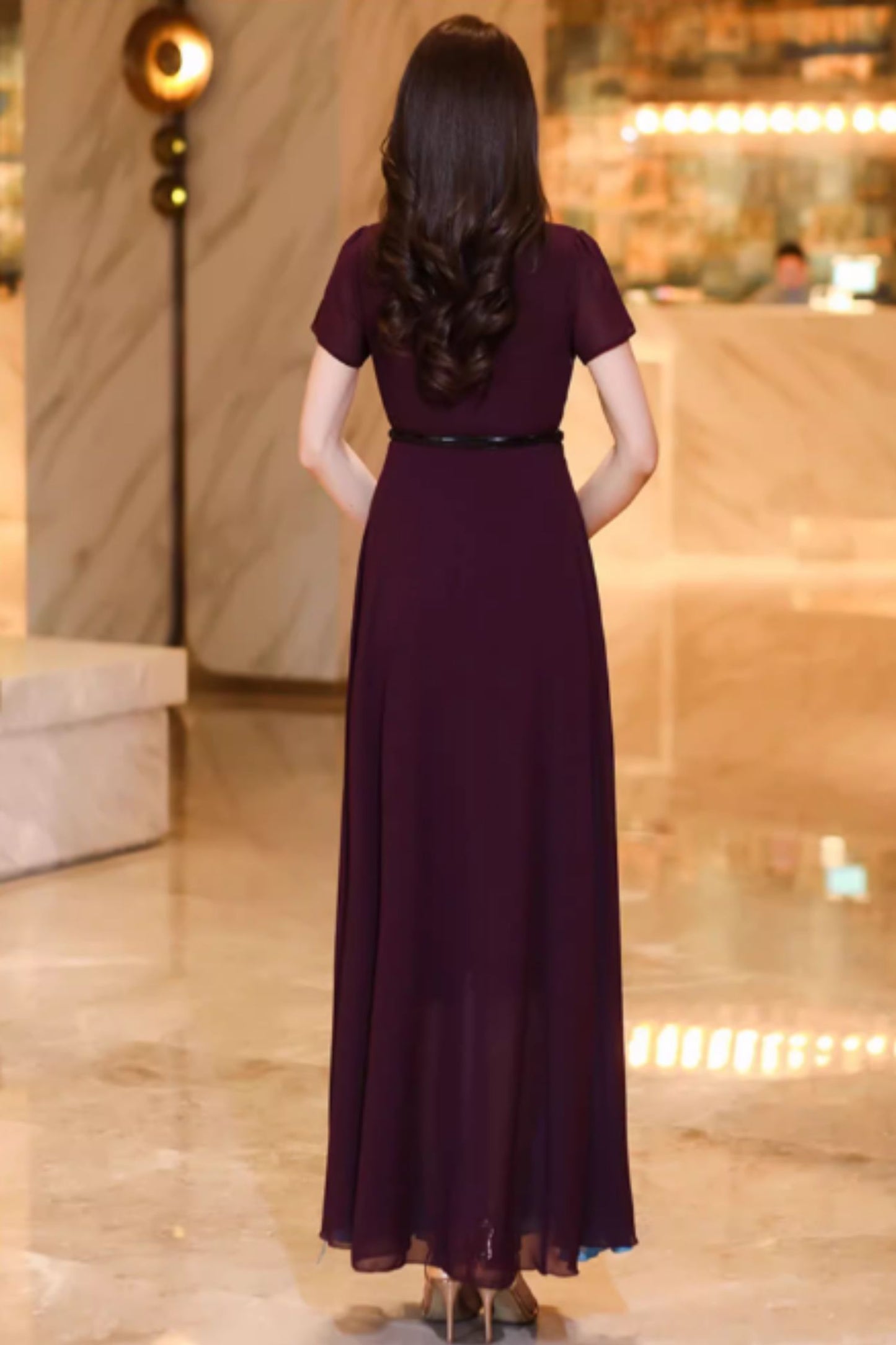 Maxi block color prom chiffon dresses C4932