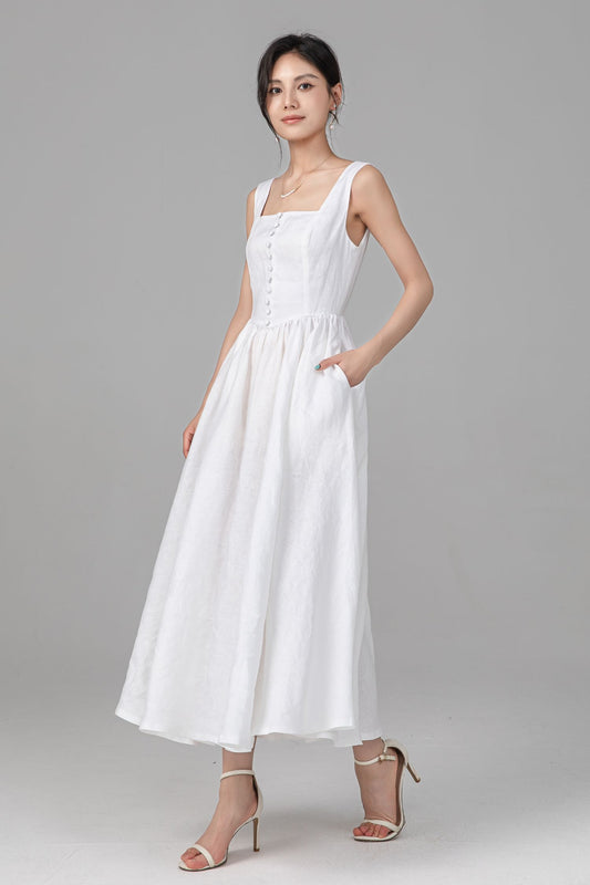 White Sleeveless Linen Pinafore Dress, Square Neck Button Maxi Dress for Women C5526