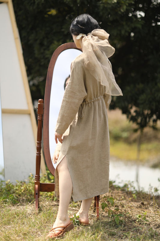 Beige Linen Dress - Long Sleeve Loose Fit Midi C3887