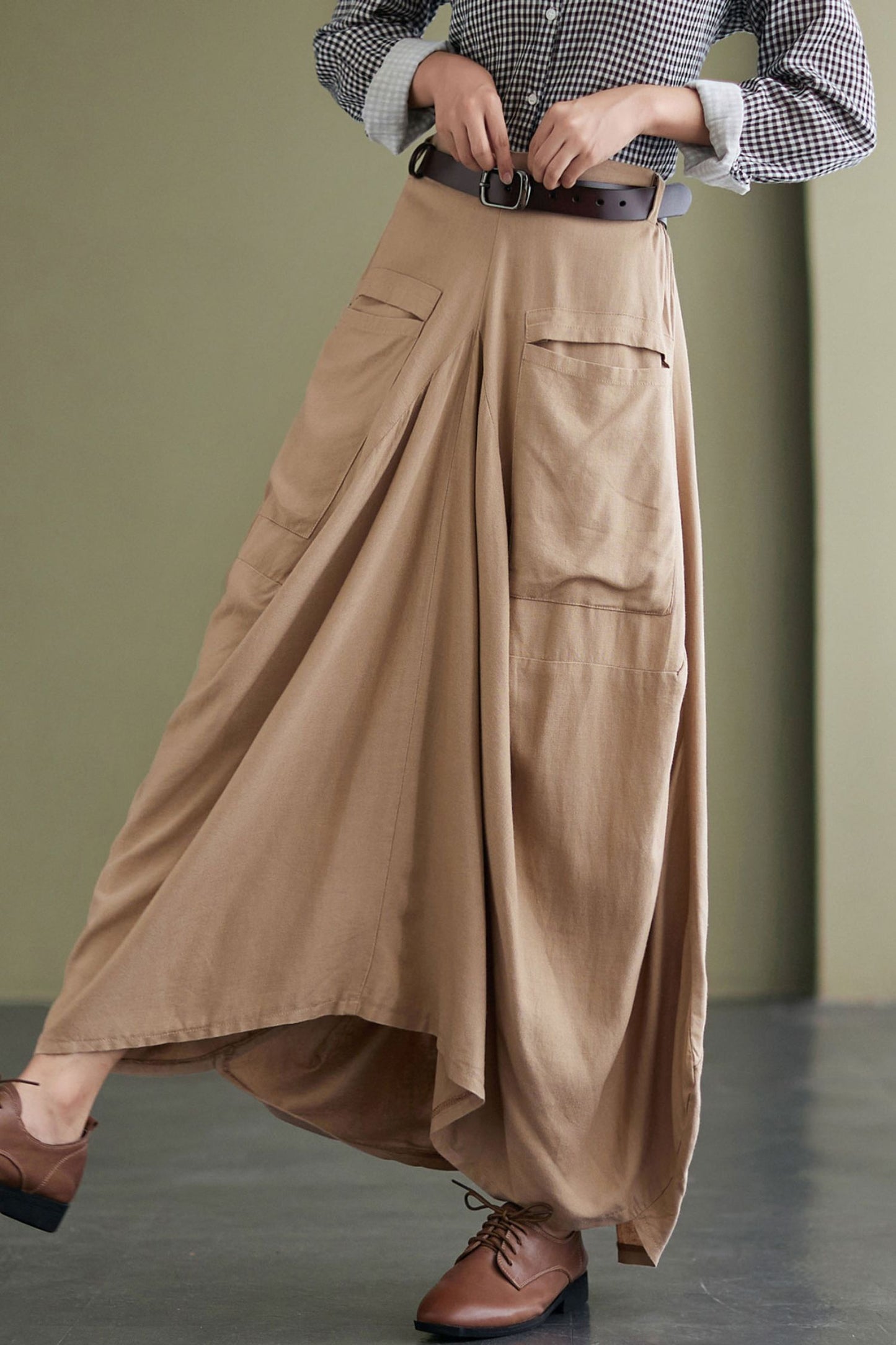 Khaki Asymmetric Linen skirt C2423
