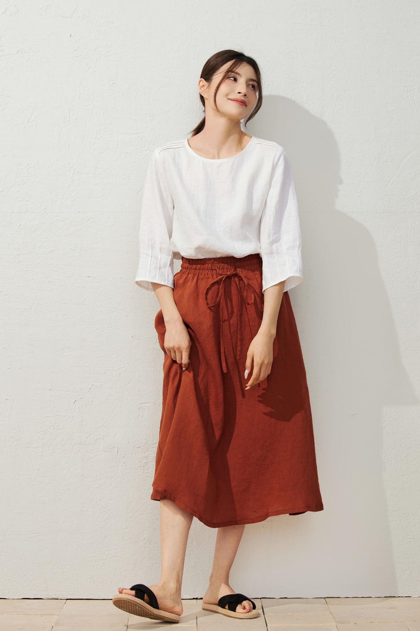 Elegant Orange Elastic Waist Skirt C3932