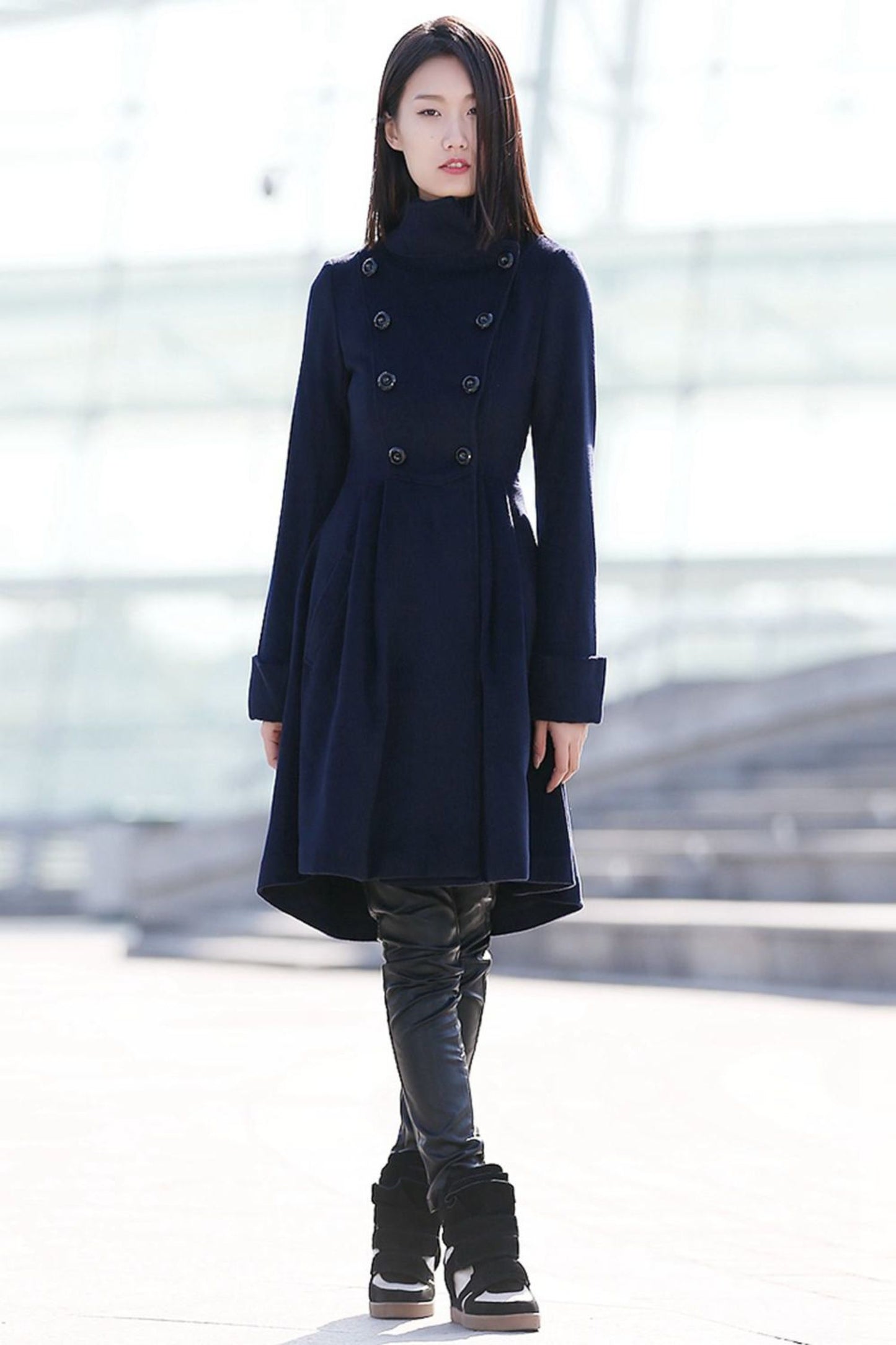 Navy blue winter midi warm winter coat C164