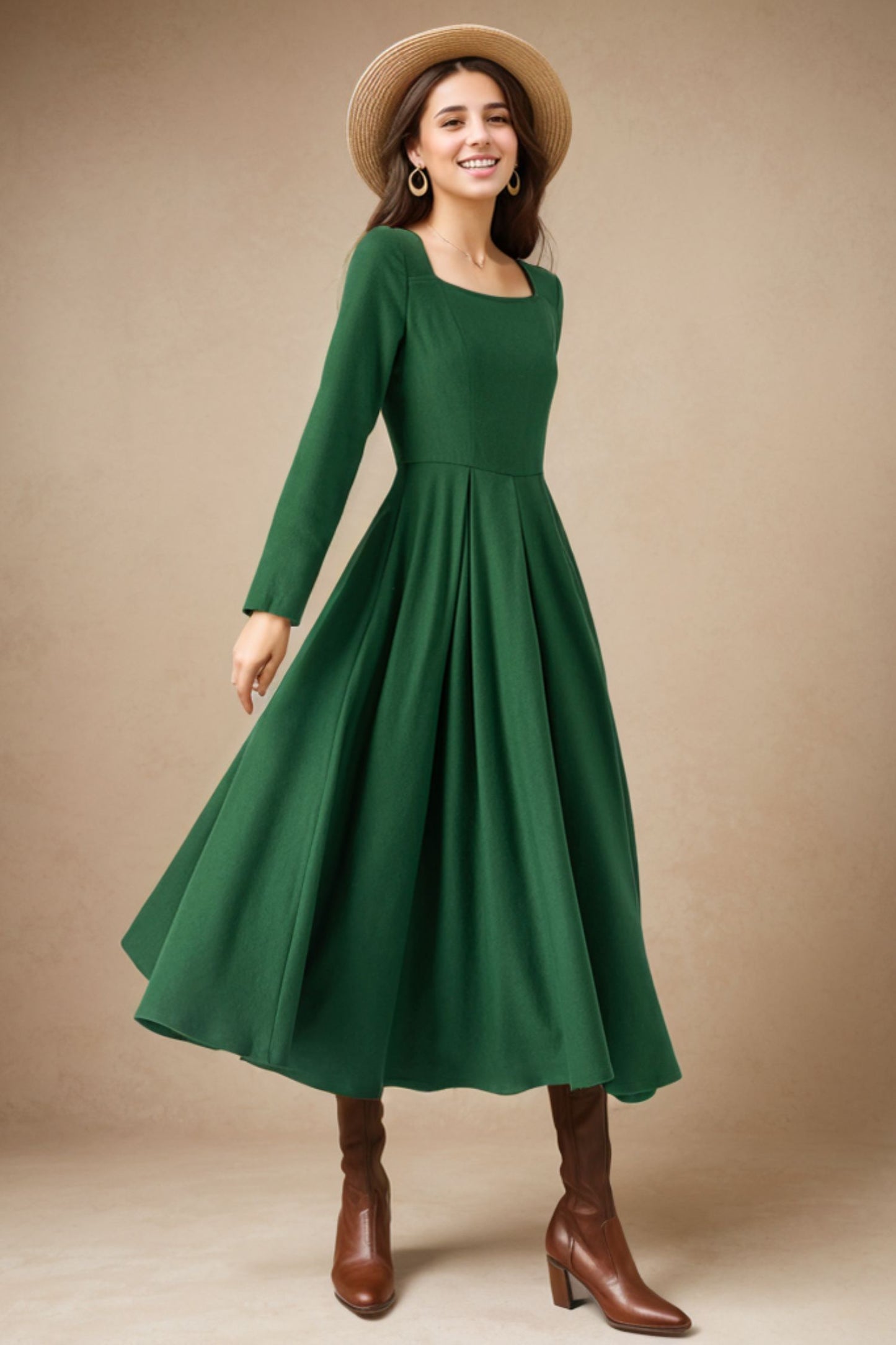 Green Wool Womens Winter Dresses C4336