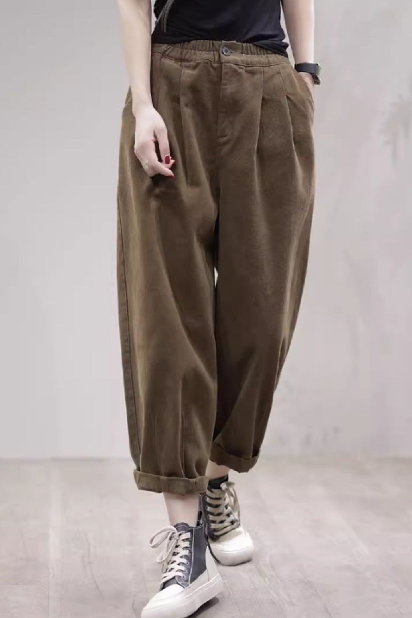 Brown elastic waist cotton pants C4667