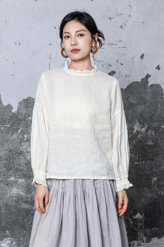 Off-White Linen Ruffled Neck Blouse: Long Sleeve Top with Ruffled Cuffs, Ylistyle C5467