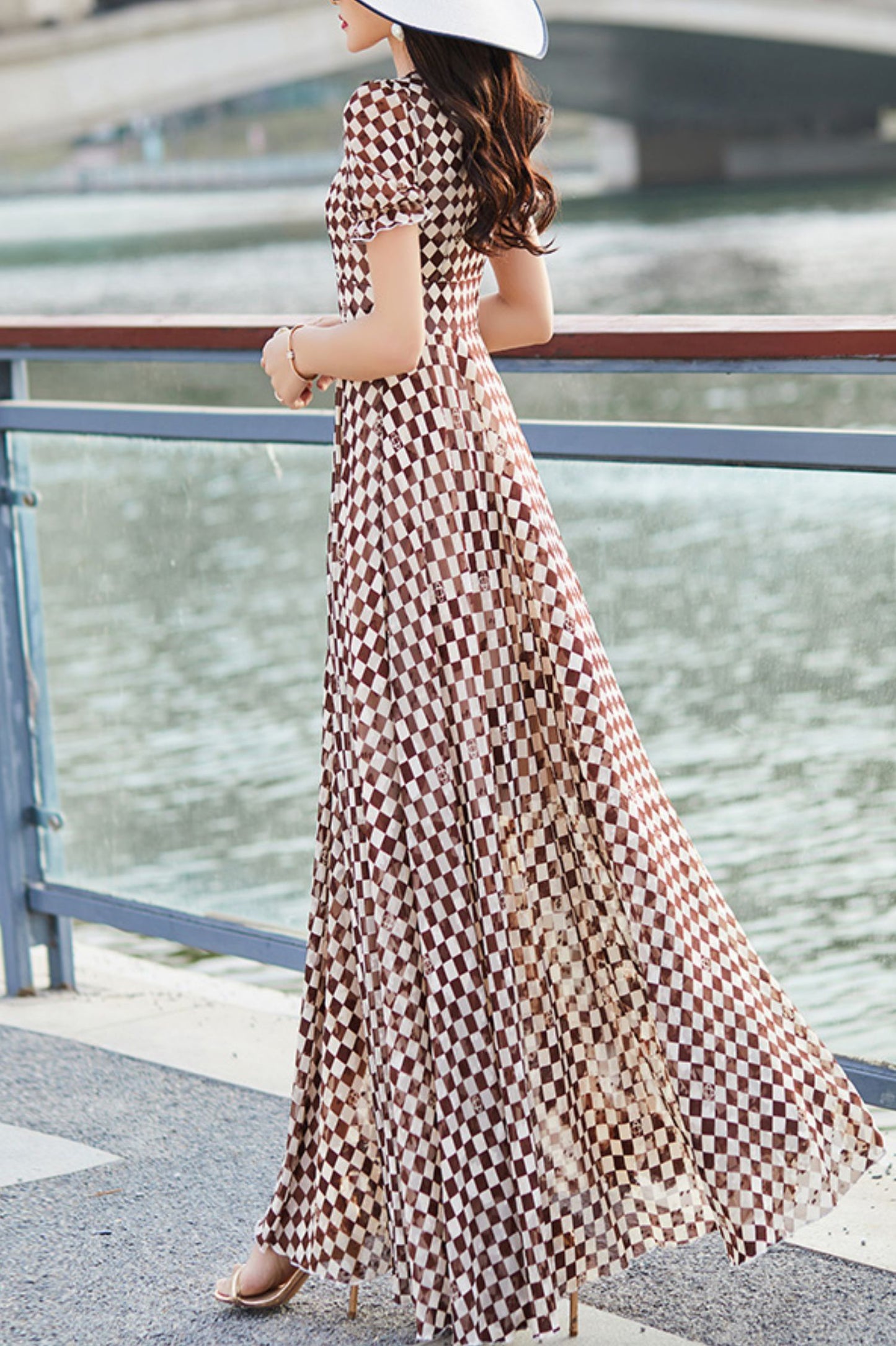 Plaid chiffon print dress women C4099