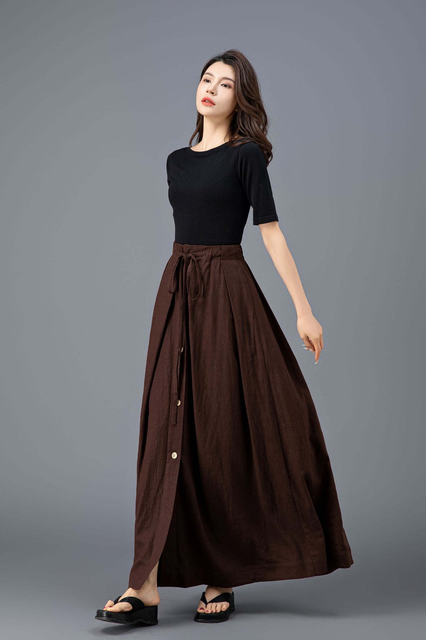 Bohemian Brown Linen Maxi Skirt C3920