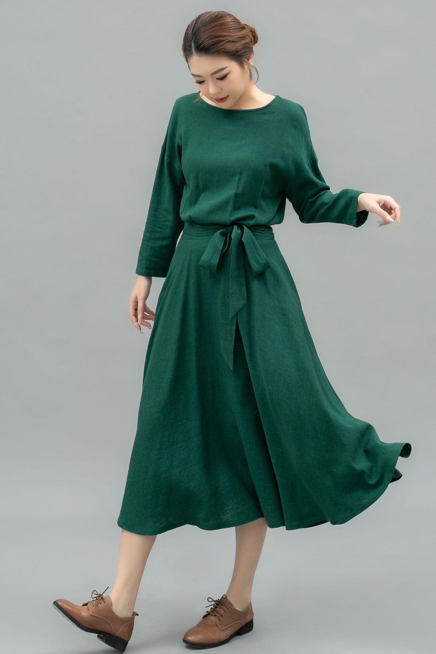 Elegant Green Linen Midi Dress C4740