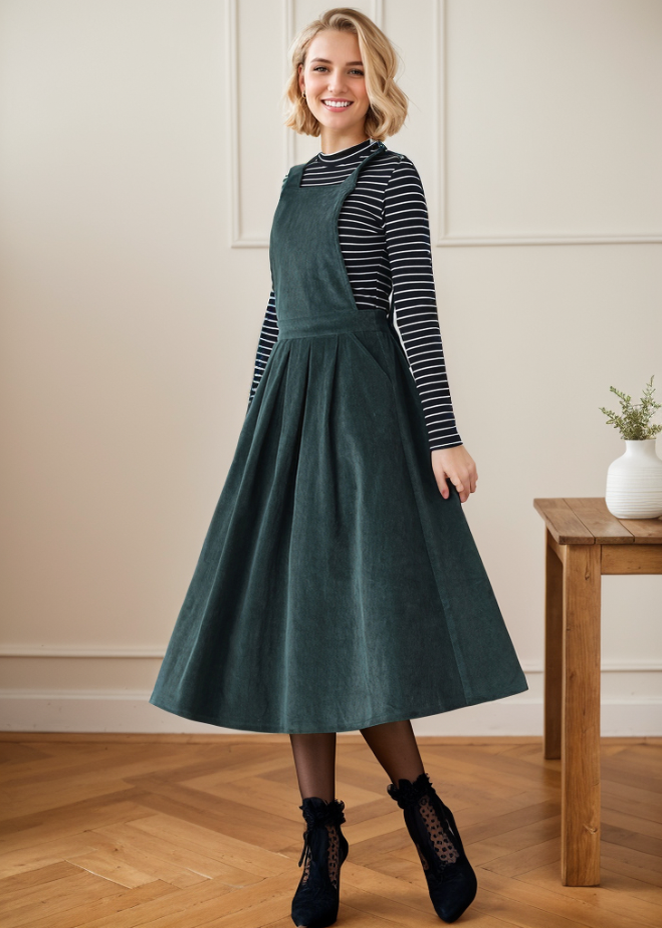 Corduroy Pinafore Midi Pleated Dress C4364
