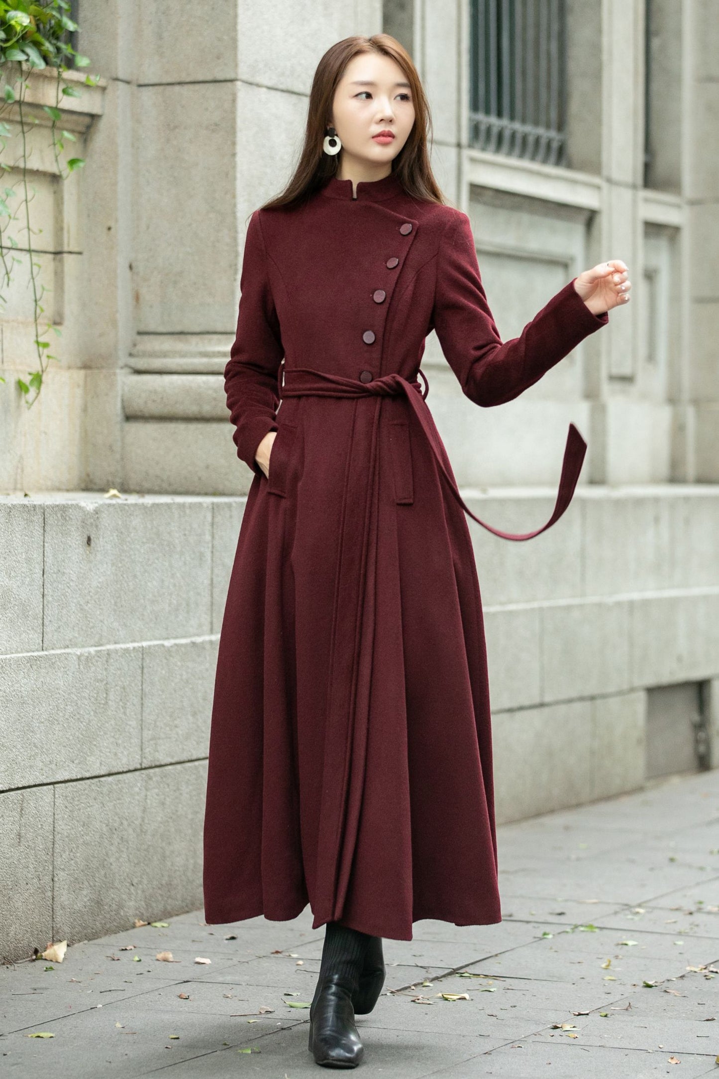 Burgundy long winter wool coat C4502