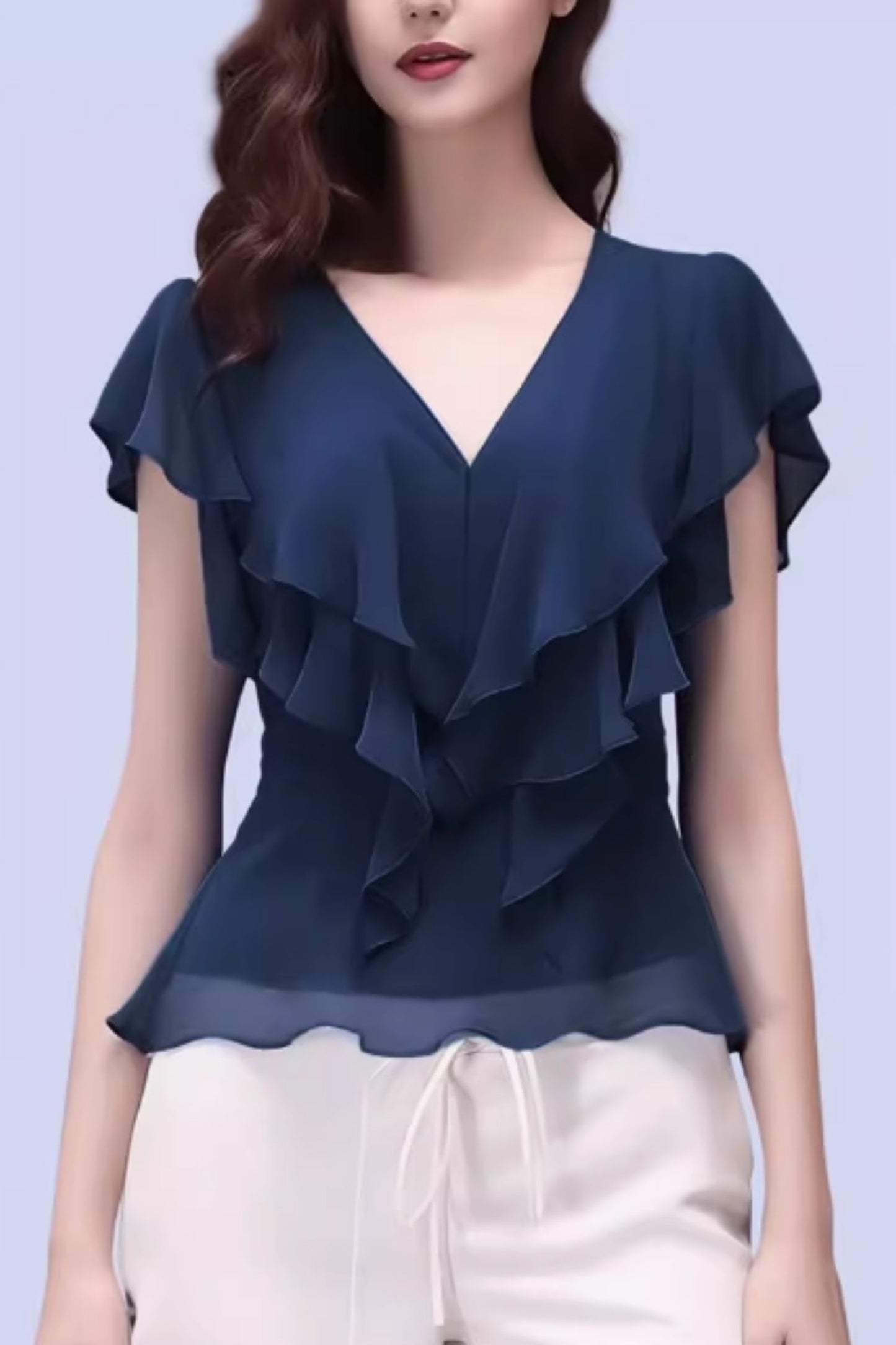 V neck ruffle summer chiffon blouse C5056