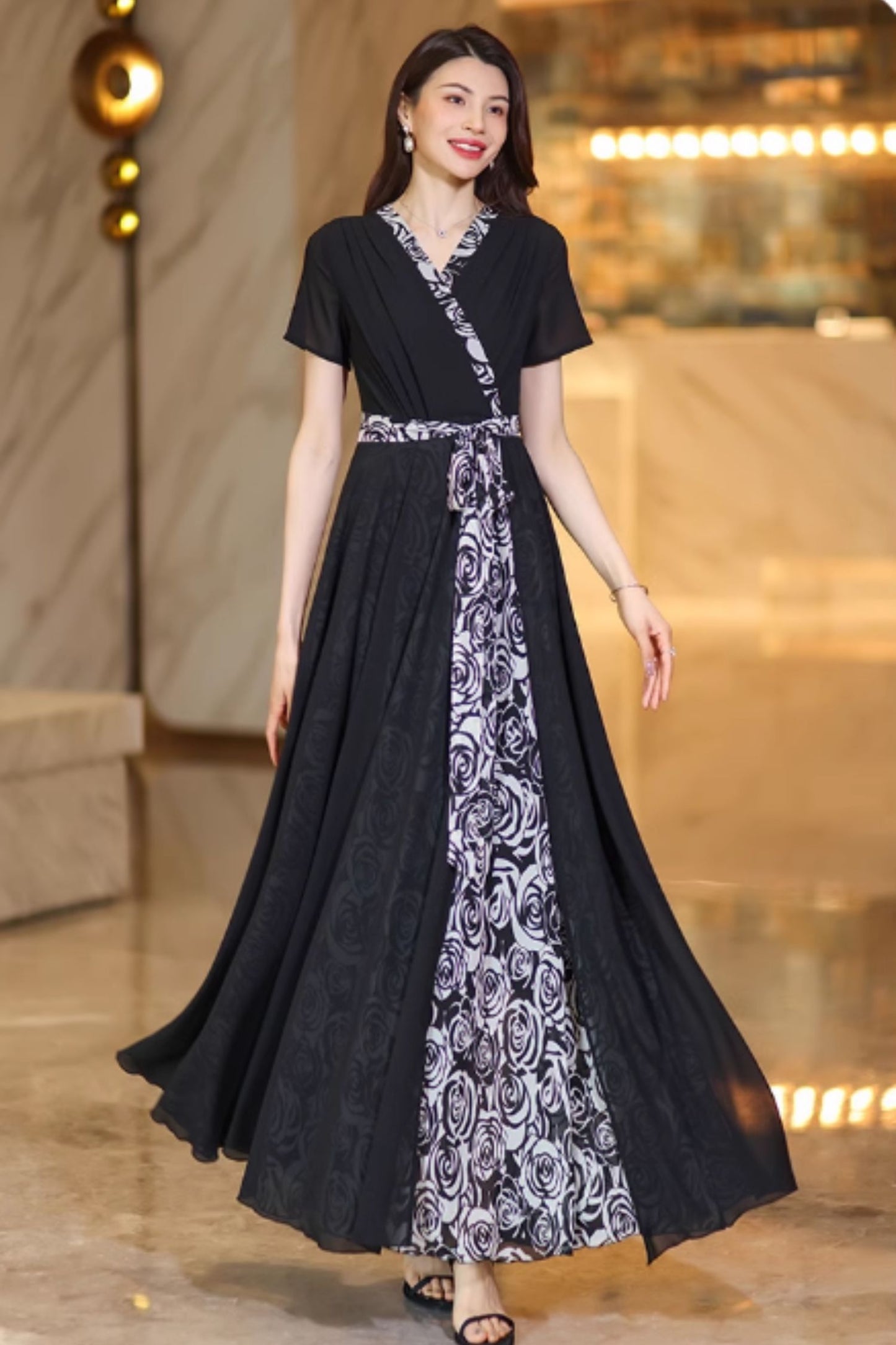 Swing block color maxi chiffon dress C4928