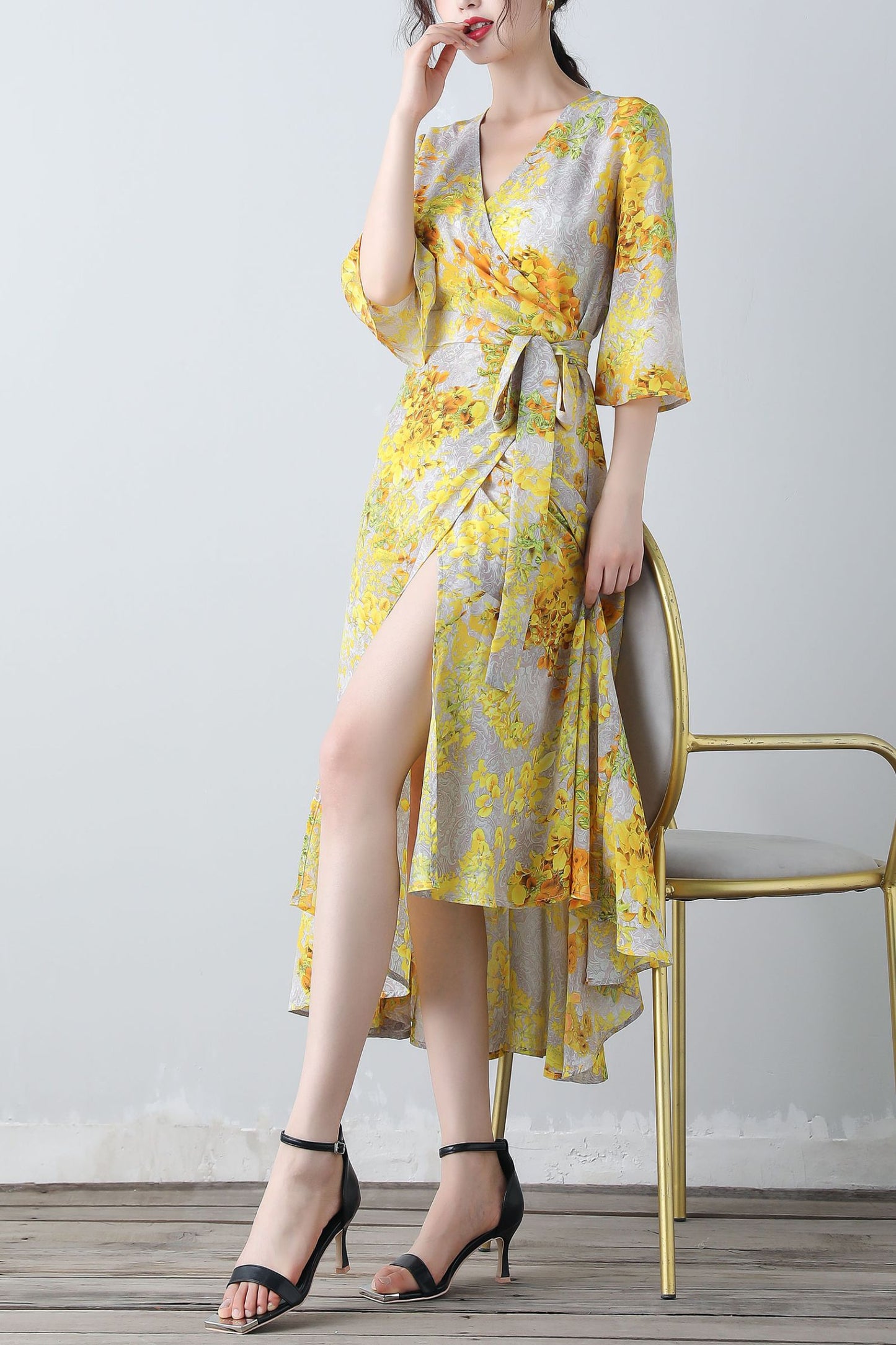 Yellow floral V-neck romantic dress C3453