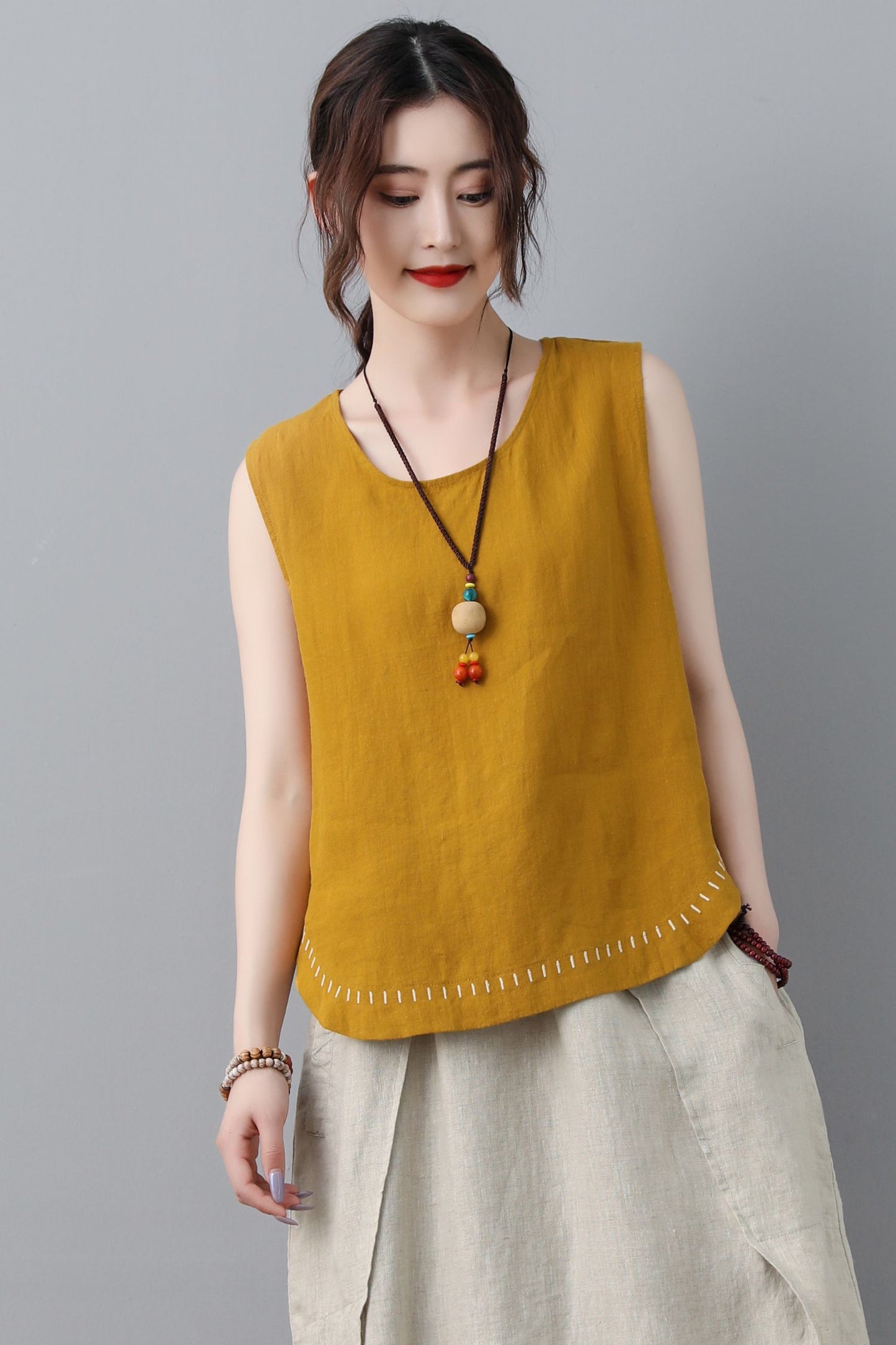 Yellow summer linen tank top women C2349