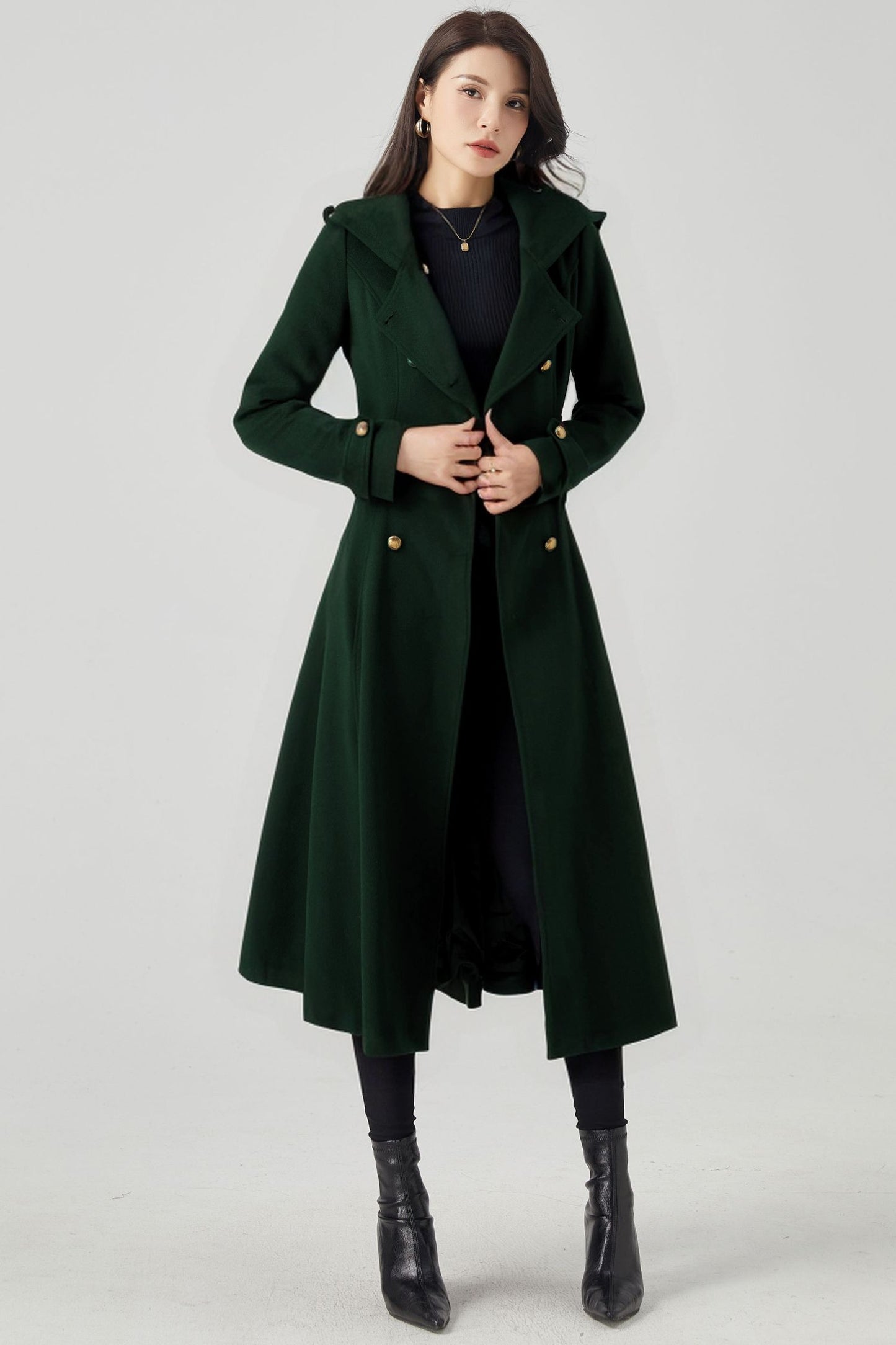 Long Double Breasted Hooded Wool Coat C4406
