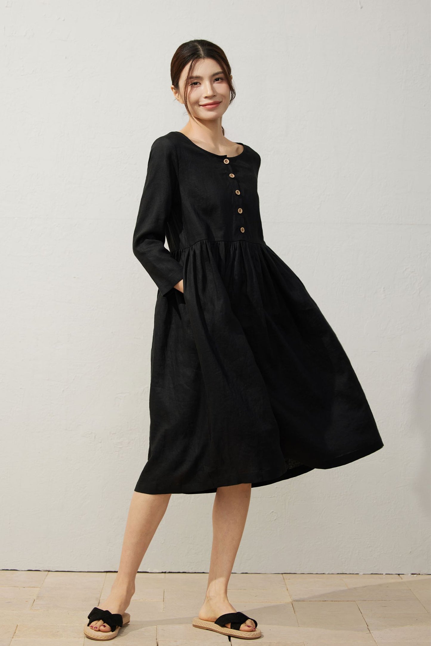 Black Linen Midi Dress with Button Detailing C3925