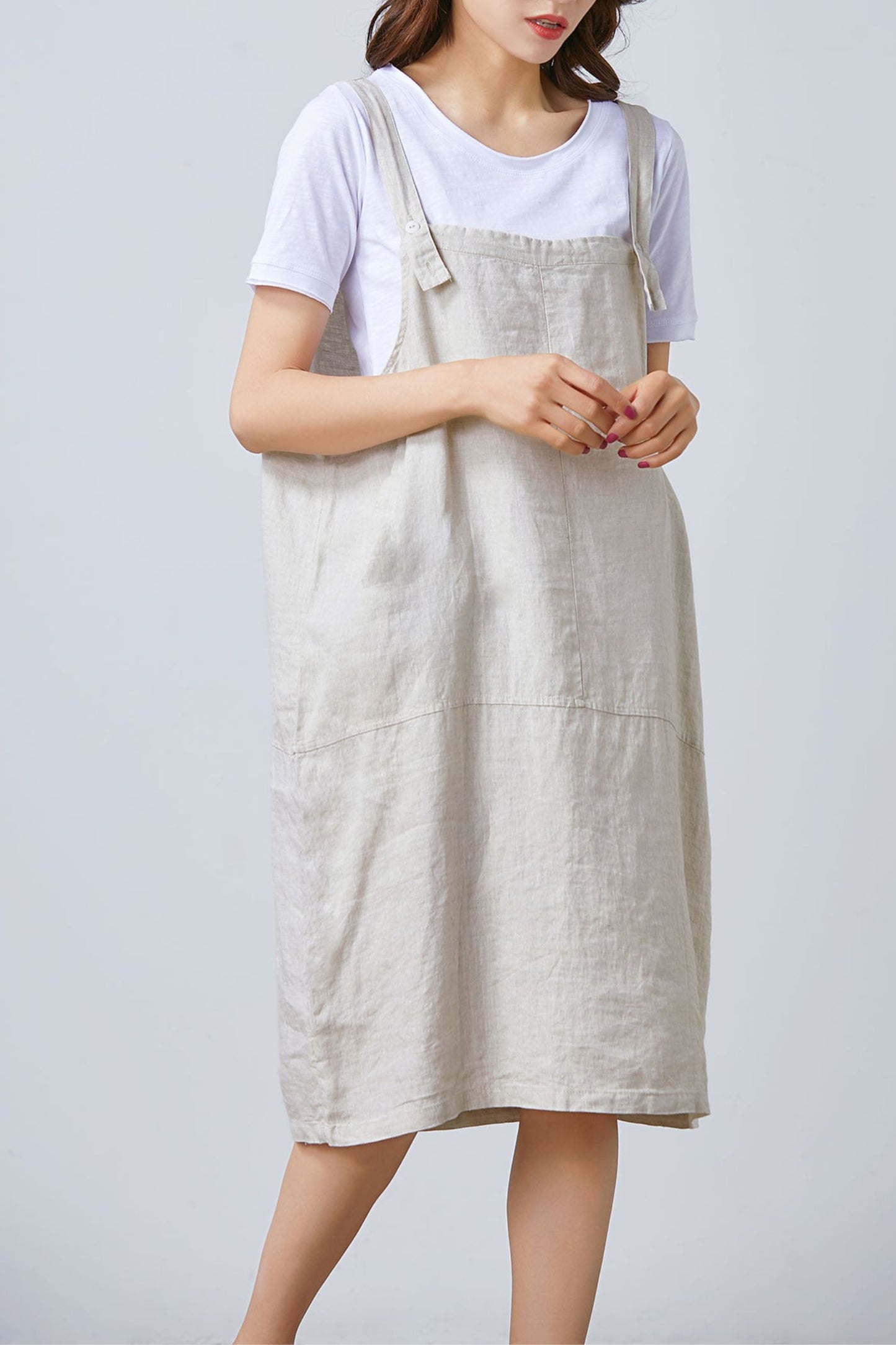 Women Casual Linen Vest Dress Strap Dress Loose Overalls With Pockets C1675