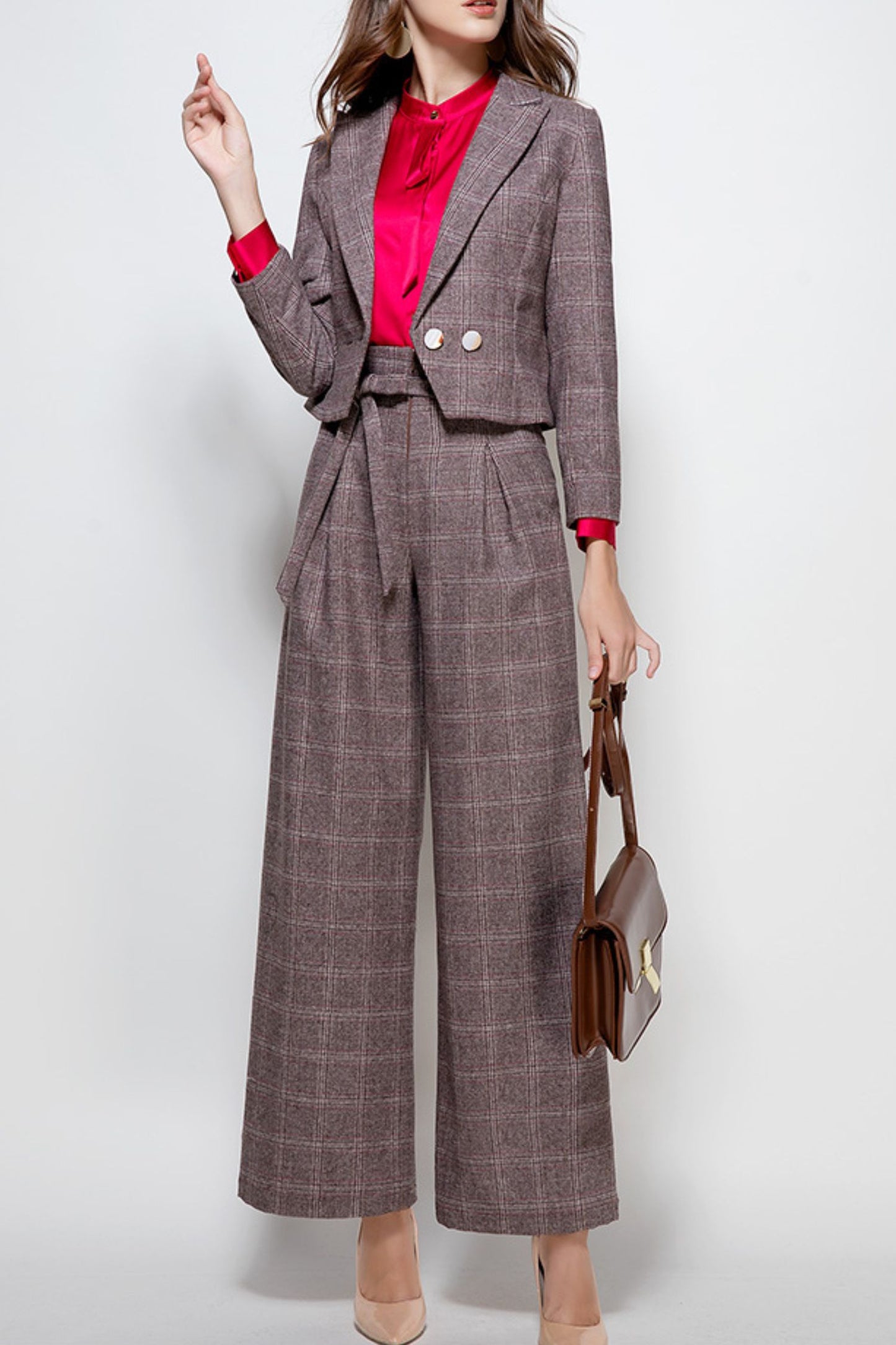 Plaid winter wide leg wool pants c5075